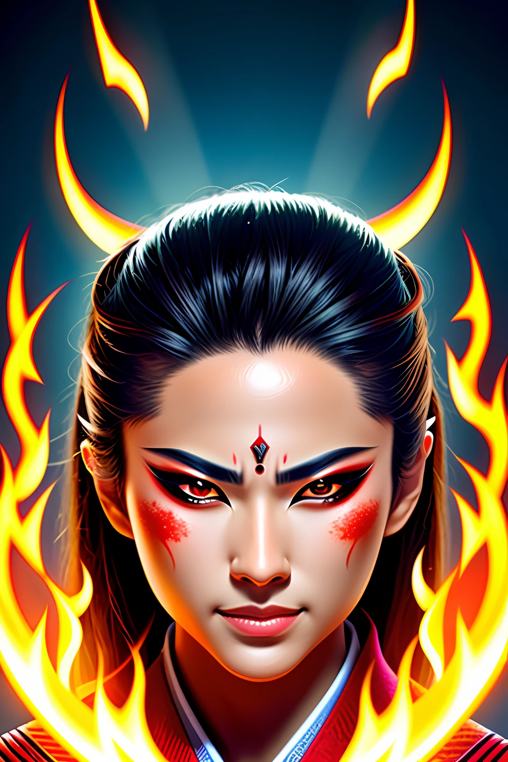 Samurai as the eyes came out flames, es attack pose, with face in profile, with background of motanhas and rays, ultra realistic.