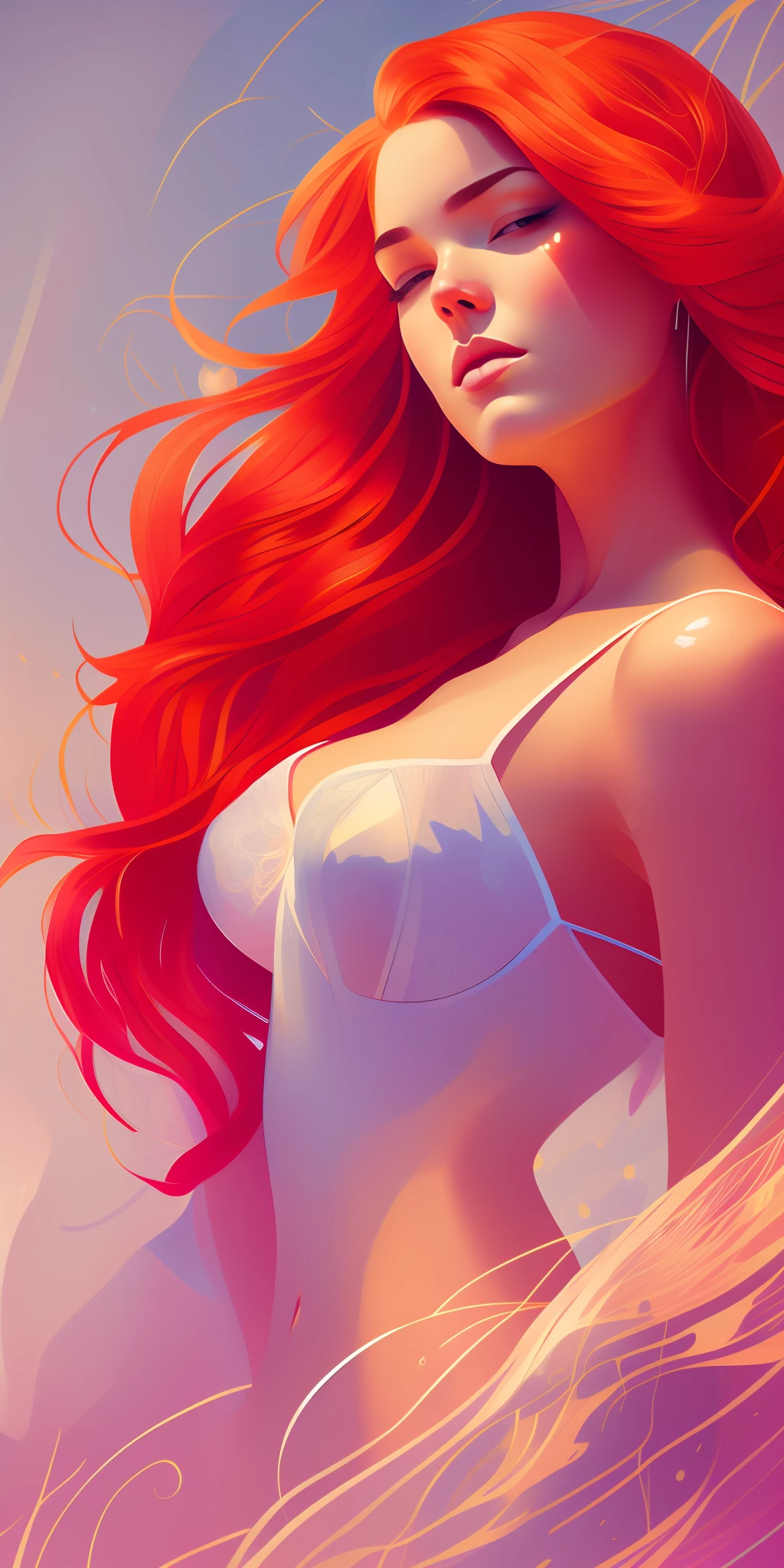 High resolution,best 8k,Painting of a woman with red hair and a white shirt, Lois Van Rossdraws, loose ginger hair, loish and wlop, ginger wavy hair, exquisite digital illustration, Moebius + loish + wlop, wlop loish style and clamp, beautiful character painting, beautiful digital illustration, Artgerm and James Jean, stunning digital illustration, flowing orange hair, [Drip: 0.7]
