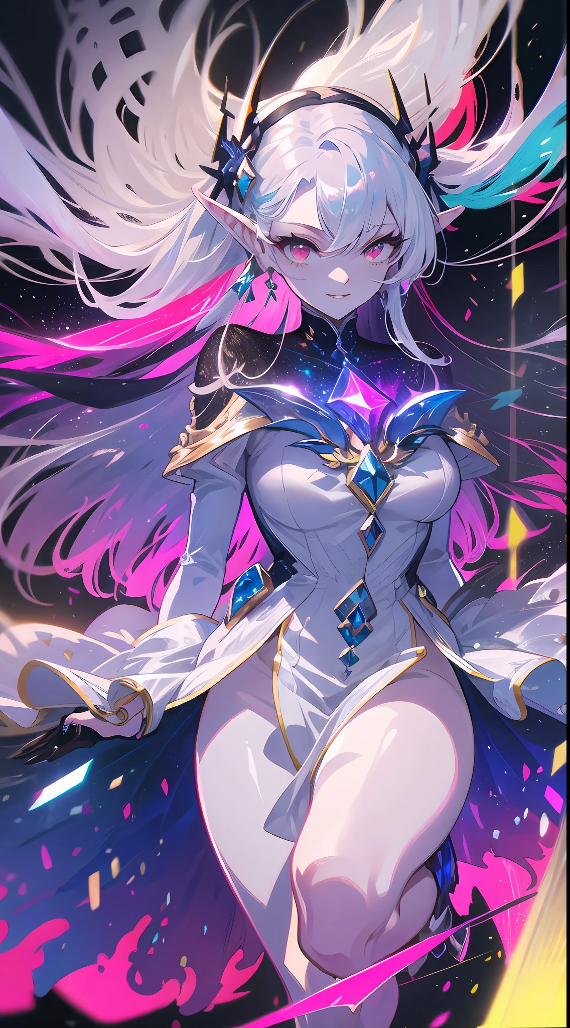 (simple hands:0.5)+(detailed hands:0.7), (masterwork), (best quality), white hair, red eyes,1girl, pale skin, white hair, red eyes, two tone hair, eyelashes, bracelet, jewelry, smile, gleaming skin, shiny hair, detailed and majestic stage, Fantasy, Long Hair, 1 girl, two-tone hair, night sky, Incredibly detailed CG illustration masterpiece, looking at you, anime, beautiful anime eyes, beautiful detailed eyes, eyes, glittering eyes, red eyes, galaxy, nebula, (full body), (curvy), POV, wet neckline, (thick thighs), 4k hd, ultra realistic, perfect body, perfect lips, perfect nose, perfect eyes, looking at the viewer, dress, elegant dress, Soft Dress, Long dress, Elf, Elf ears, Neon, Neon Lights, Bright Colors