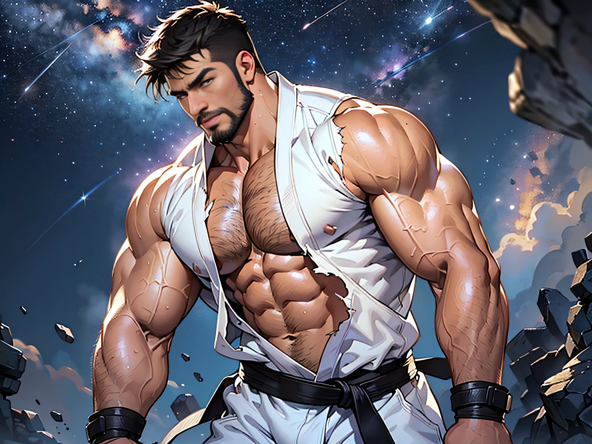 best quality, masterpiece, super high resolution, detailed background, realism, Illustrations, single, 1 boy, muscle, volumetric lighting, depth of field, facial hair, ryu, white clothes, black belt, light particles, bulge, starry sky, fighting stance, sweating, short hair, torn clothes, burly, big man