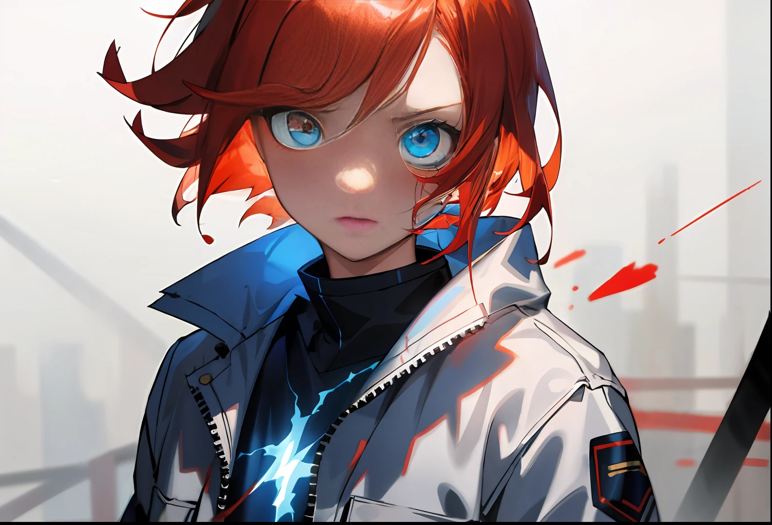 Masterpiece, high-quality, high resolution, 8k, best quality, 1girl, tomboy, cool, glowing eyes, red eyes, blue eyes, Heterochromia, burning eyes, blood splatter, lightning eyes, red hair, short hair,