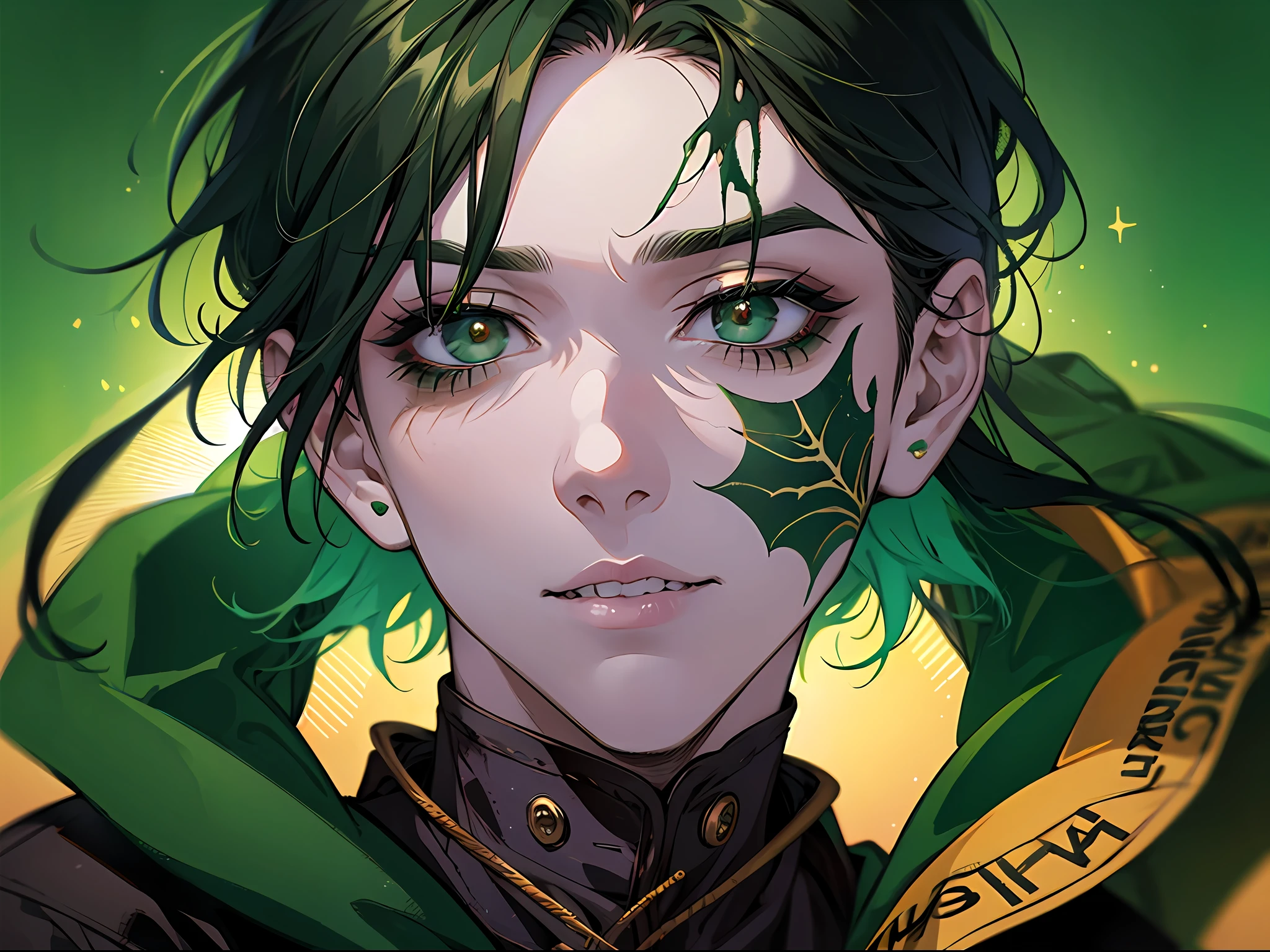 A man with dark green hair, wearing old clothes, with Halloween makeup painted on his face, cute and handsome