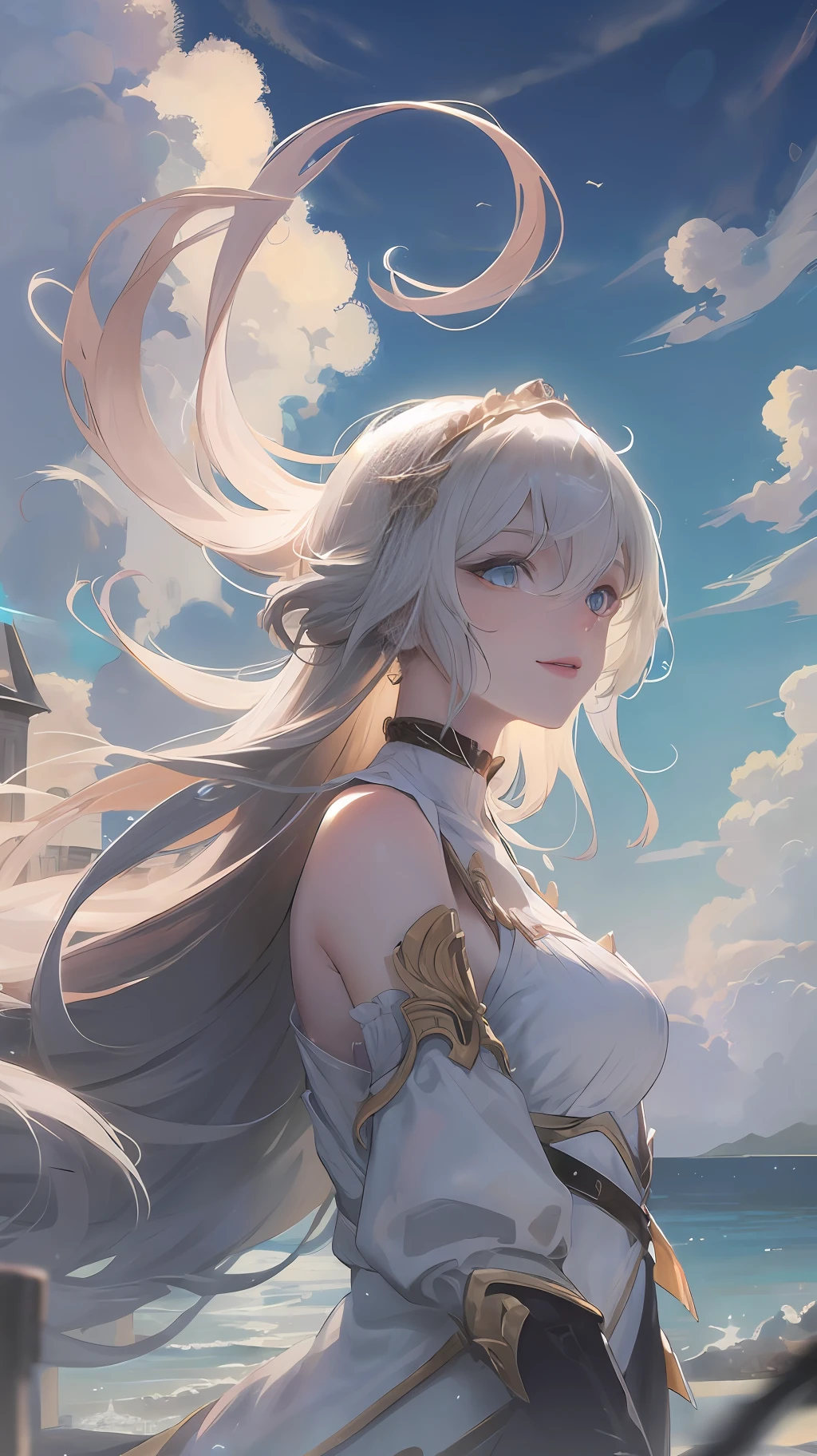 Sunlight, white clouds, delicate clouds, slender, smile, landscape, long straight hair, buildings, dynamic hair, glowing blue eyes, hair accessories, epic landscapes, full body shots, female