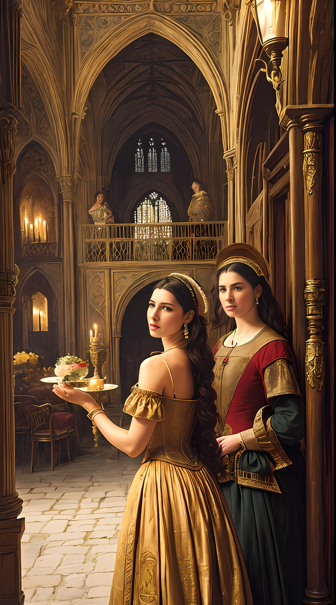 (masterpiece, UHD, oil painting, detailed:1.3, by Greg Rutkowski), stunning women adorned in (enticing medieval attire:1.2), engaged in lively discussions with medieval French men, (13th-century ambiance:1.1), picturesque medieval street in France, meticulous architectural elements, realistic lighting and textures, warm and inviting atmosphere, capturing the spirit of the era, intricate facial expressions and period clothing.