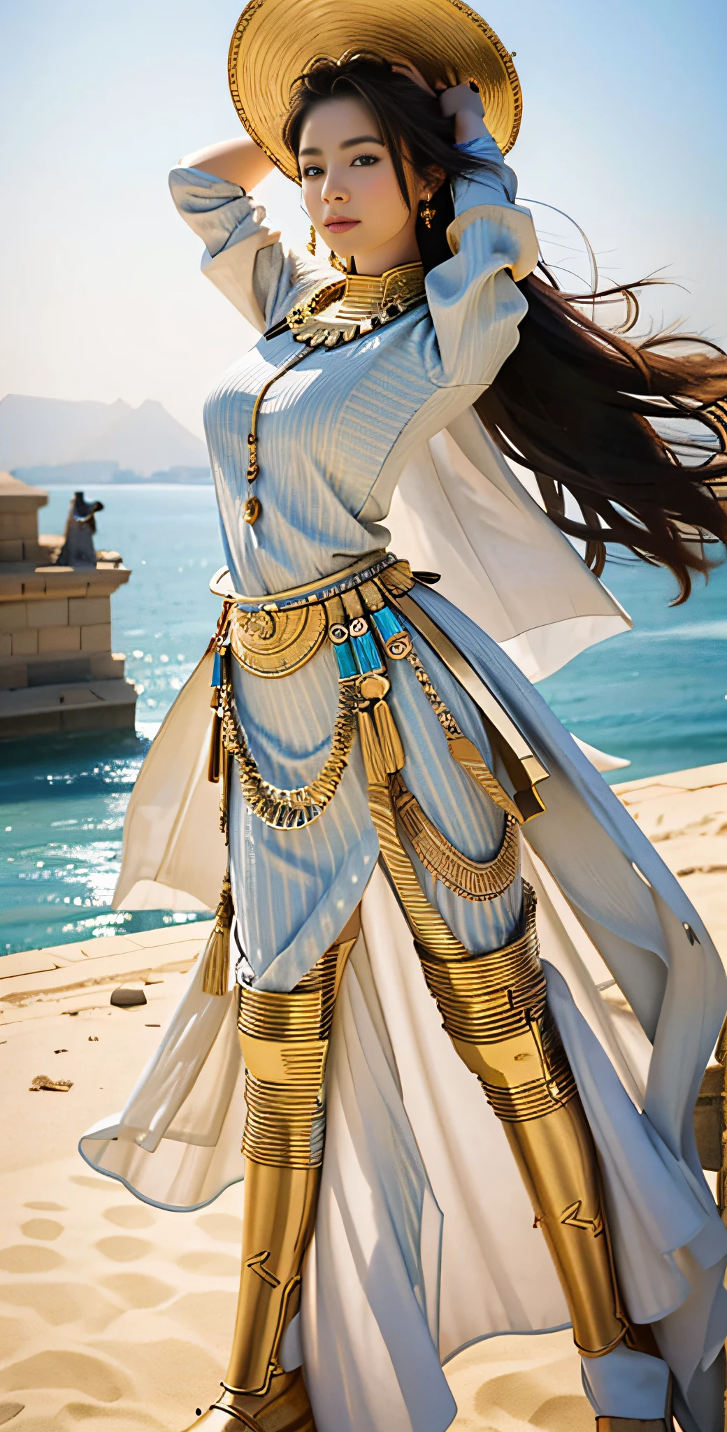 (detailed) (realistic) (real life) (cinamatic shot) (portrait) (modeling) (blurred background) (windy clothes) (pose) (powerful pose) Majestic Egyptian woman: Timeless beauty
Mummy stripes: Meticulously wrapped
Awe and reverence: Evoked
Astounding quality: Limits pushed
Iconic pyramids: Majestic grandeur
Rich history and mystery: Echoed
Highest resolution: Fine nuances revealed
Emotions: Wonder, Admiration, Intrigue
Desert atmosphere: Vastness, Tranquility
Extraordinary portrayal: Unforgettable experience
Artistry and history: Converged