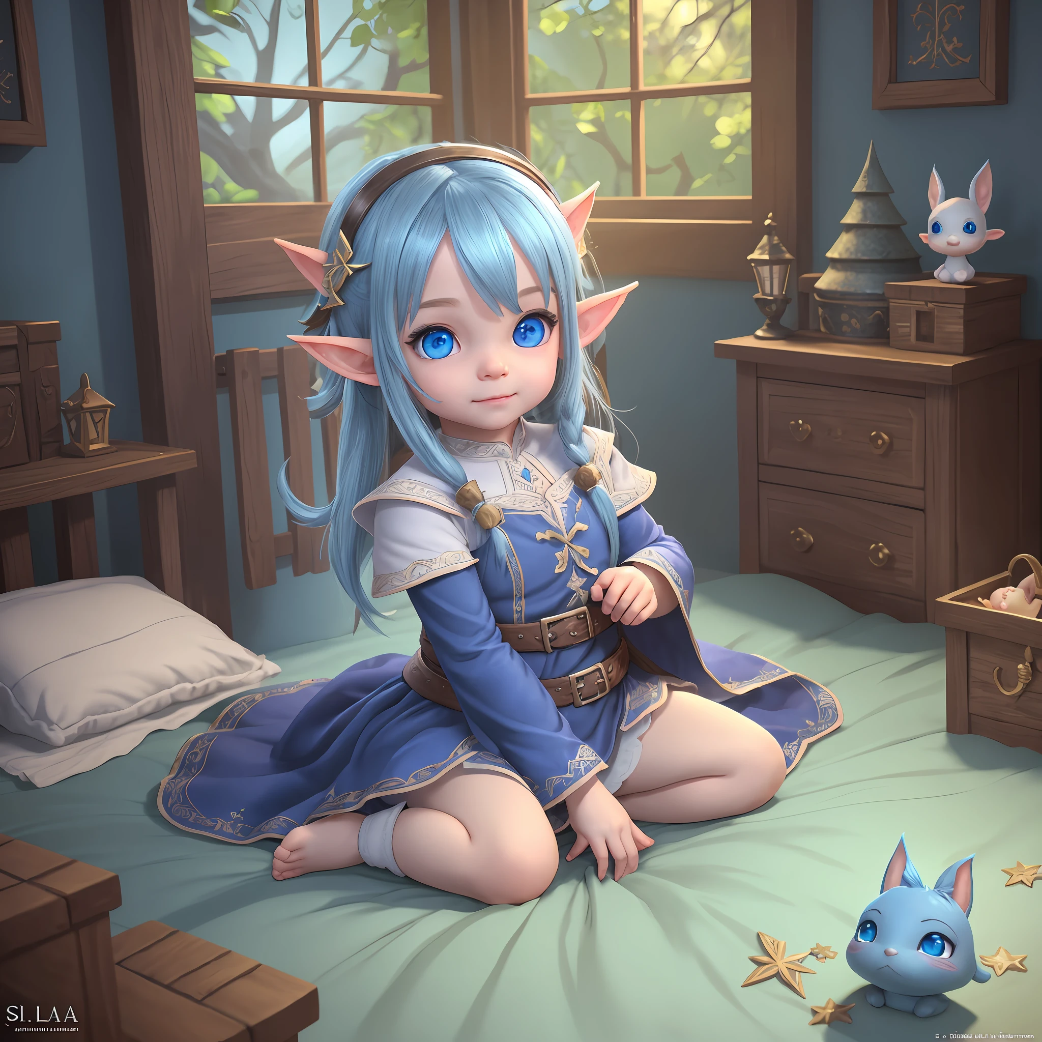 A scene in medium long shot of adorable Lilly , elf girl 6 year's withand sweet blue eyes, adorable digital painting, portrait of very beautiful elf, cute detailed digital art, blue elf, cute face. dark fantasy, elf with blue skin, little elf girl, cute digital art, detailed big eyes, cute 3 d render, blue shining eyes, lalafell, detailed fantasy digital art, with a sly look and a very mischievous expression, waking up in her bed made of sleaves. --auto --s2