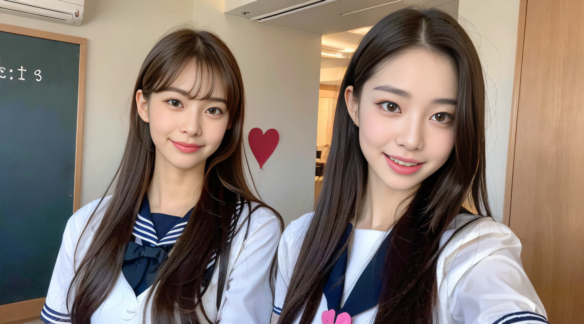 (8k, RAW photo, top quality, masterpiece: 1.2), super detail, super resolution, (realistic, real photo: 1.37), (photorealistic: 1.2), portrait, high resolution RAW color photo, professional photo, very detailed and beautiful, mouth open (looking at this with tongue out), cute pose (with armpit pose), white skin, fair-skinned woman proofreading, super high image quality, 8k wallpaper, amazing details, Nogizaka46 (looks exactly like Mario Gohyakujo)), very detailed beautiful girls, faces with different patterns, having a conversation in a school classroom, brown hair shining in the light, one is a ponytail, modern cute schoolgirl, very detailed face very detailed eyes, very realistic skin, very detailed fingers, very detailed nose, very detailed mouth, perfect anatomy, Very detailed sailor suit, very detailed background, after school, smiling school girls are gathered in the hallway of the school. They are in uniform, and the blackboard is faintly visible in the background. The bright windows illuminate the classrooms, revealing the details of their hair and uniforms. They enjoy chatting in natural poses and seem to have memorable conversations. Smiles are overflowing and fun spreads in the hallwaysSome of them have sticking out their tongues, Famous Japan idols, Cute, realistic body, Slender, White skin, Radiant skin, Slim body, Long straight hair, (dull bangs: 1.2), Schoolgirl youth Celebrity-level cuteness , (pink eye shadow) ((Drawing a picture of a heart under the eyes)) heart, ♡