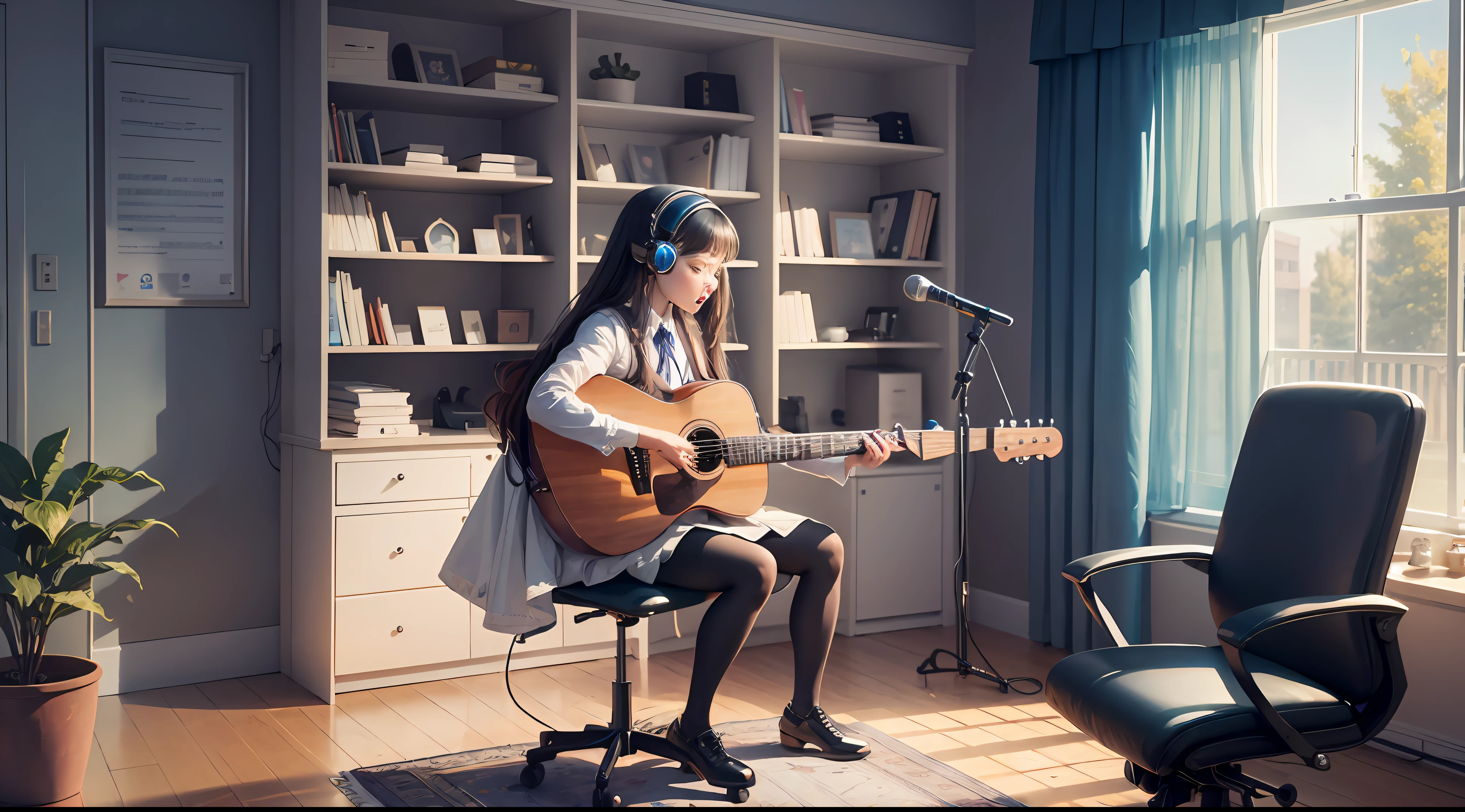 by mooncryptowow, one giving singing lessons works in a music room with computers, she is trained to control artificial intelligence for voice conversion, the environment is a clean room where order, ultra-realistic representation --auto --s2