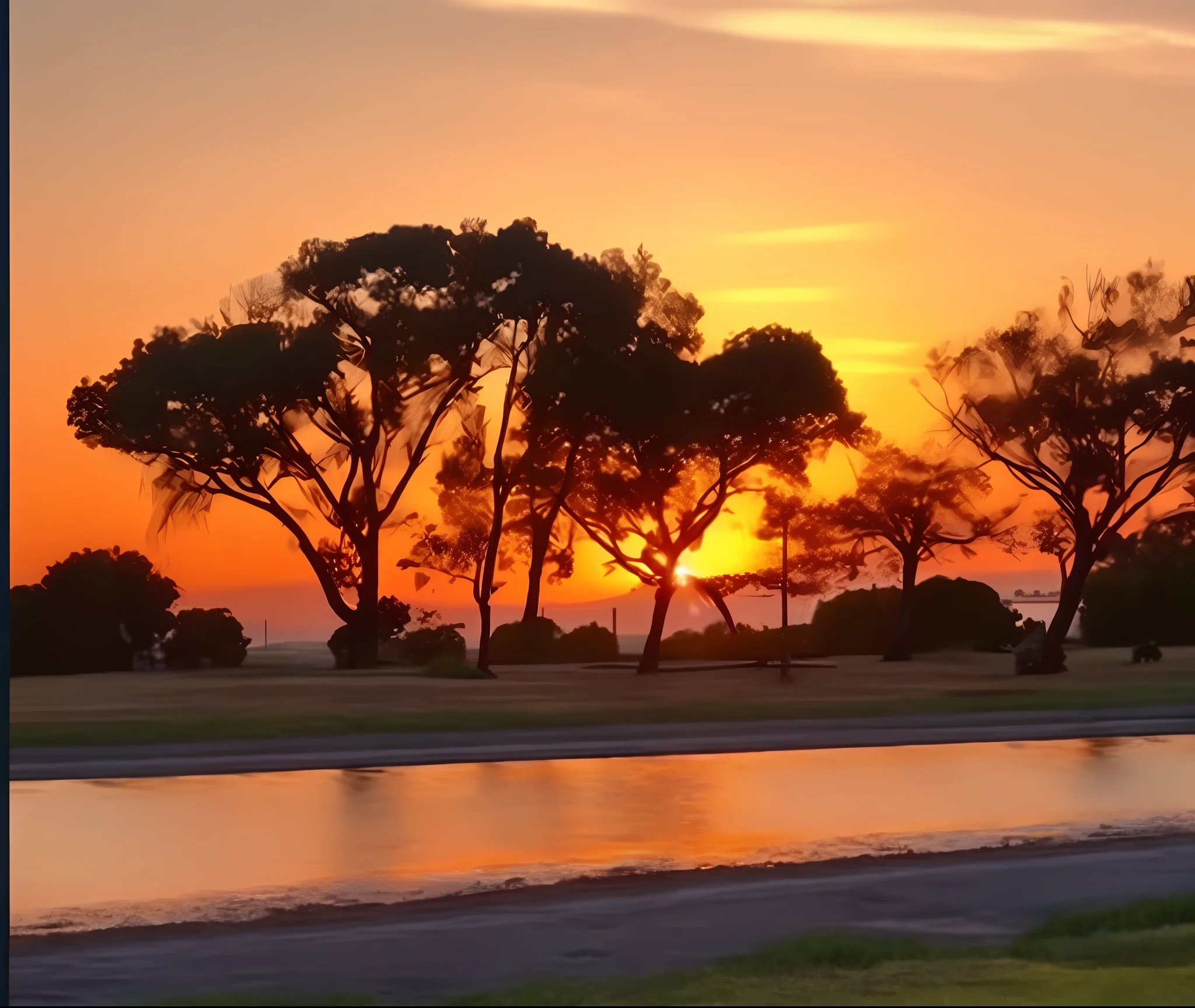 sunset over a body of water with trees and a road, taken at golden hour, sunset at golden hour, ultra realistic sunset panorama image, golden hour sunset, sun hour plus sun, golden sun hour, sunset view, sunset glow,  the most beautiful sunset, sunset photo at golden hour, big twin sunset, sunset photo, how the sun sets on the horizon, sunset night lighting, (ultra HD 19k quality)