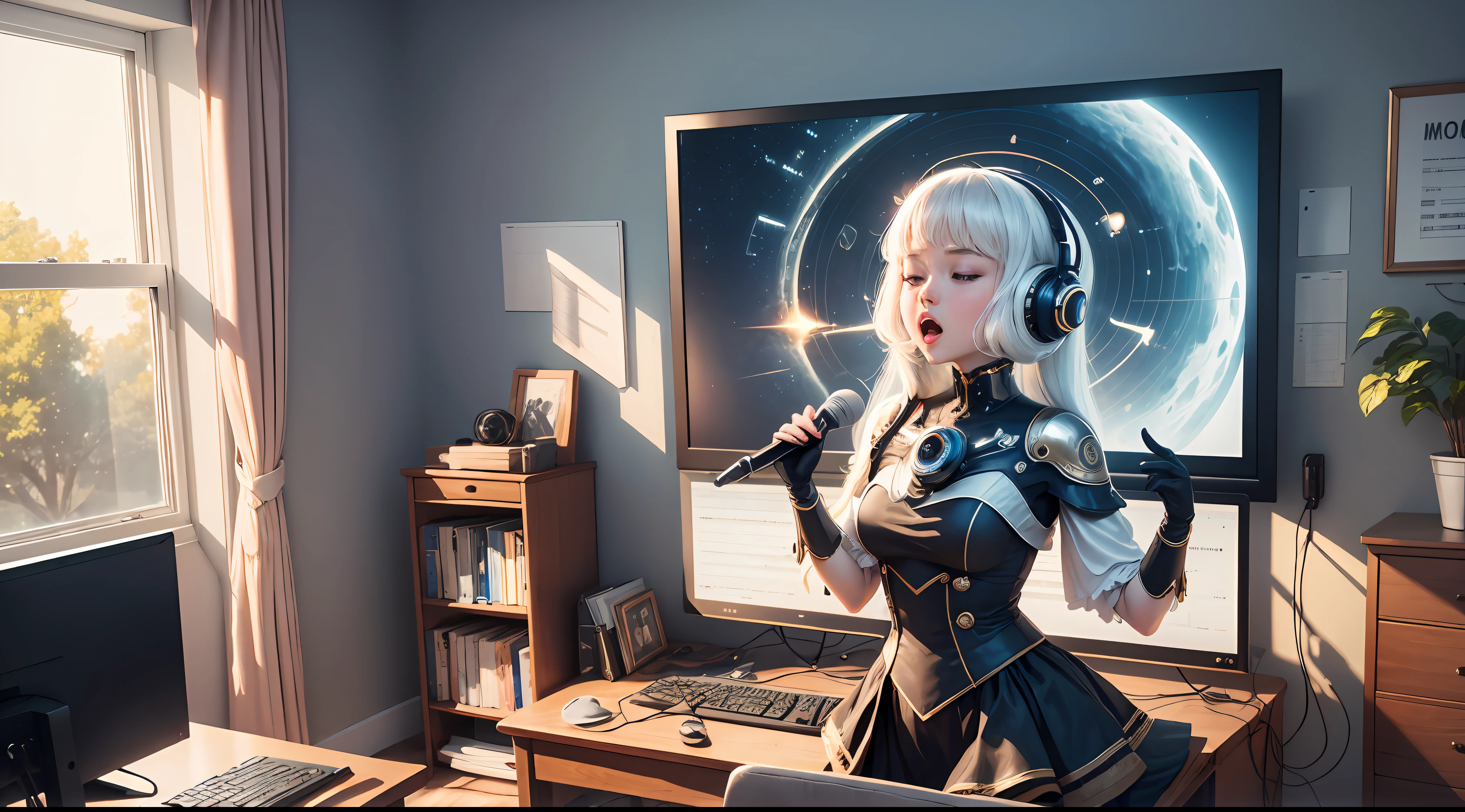 by mooncryptowow, one giving singing lessons works in a music room with computers, she is trained to control artificial intelligence for voice conversion, the environment is a clean room where order, ultra-realistic representation --auto --s2