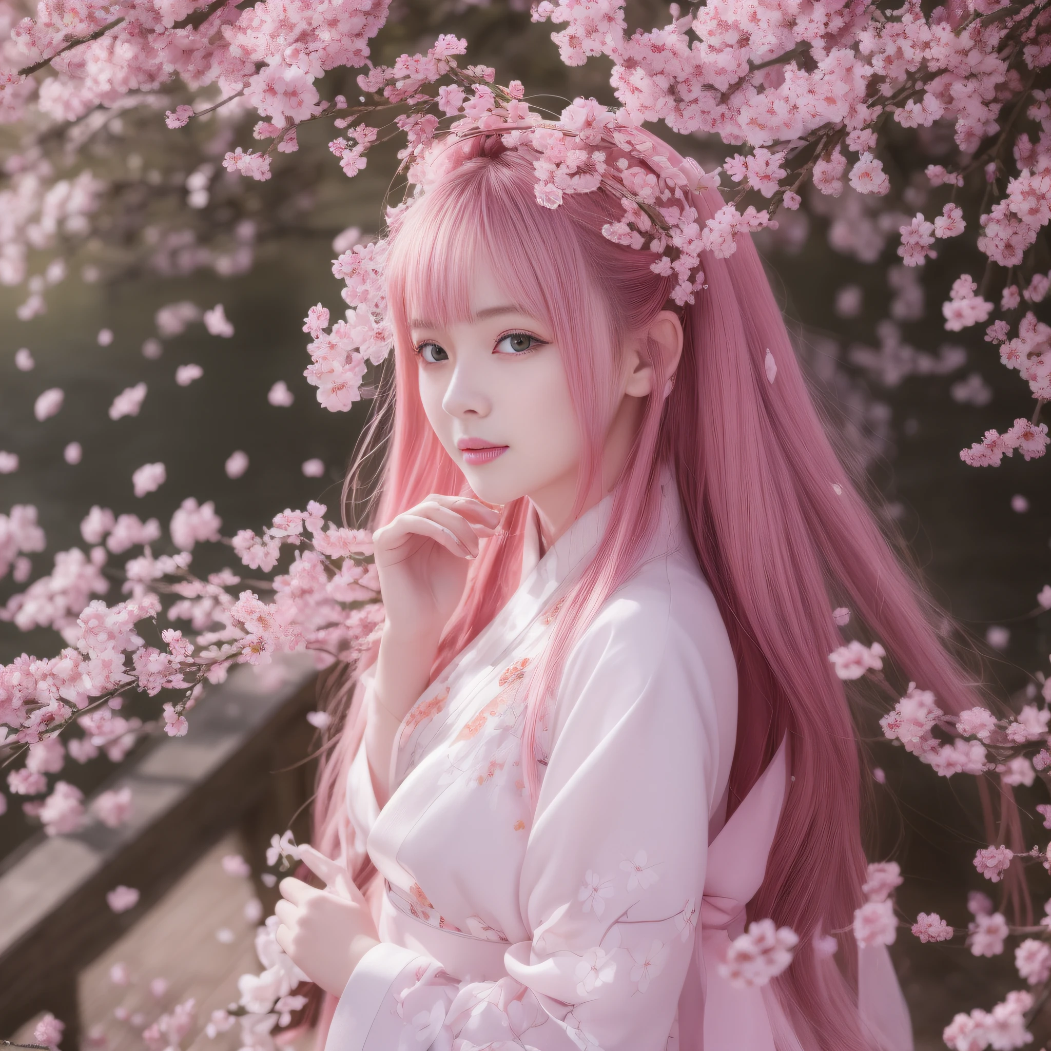 Extremely detailed CG Unity 8k wallpaper, best lighting, super detailed), (best quality, masterpiece, high resolution), standing, national style girl, cherry blossom petals, soft light, beautiful hair, pink and white Hanfu costume, large open space, cherry blossom season, cherry blossom silk, bright colors, light smile, floating cherry blossom petals, standing on a wooden bridge