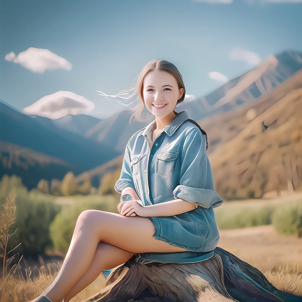 Old photo, young woman, beautiful, smiling, sitting on grassy ground at the foot of a tree, background with mountains and the sky with bright sun --auto --s2