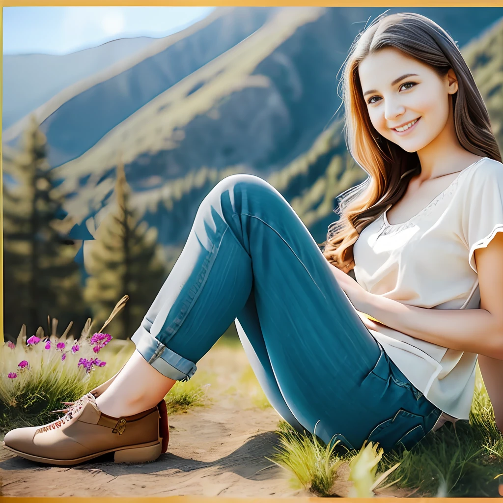 Old photo, young woman, beautiful, smiling, sitting on grassy ground at the foot of a tree, background with mountains and the sky with bright sun --auto --s2