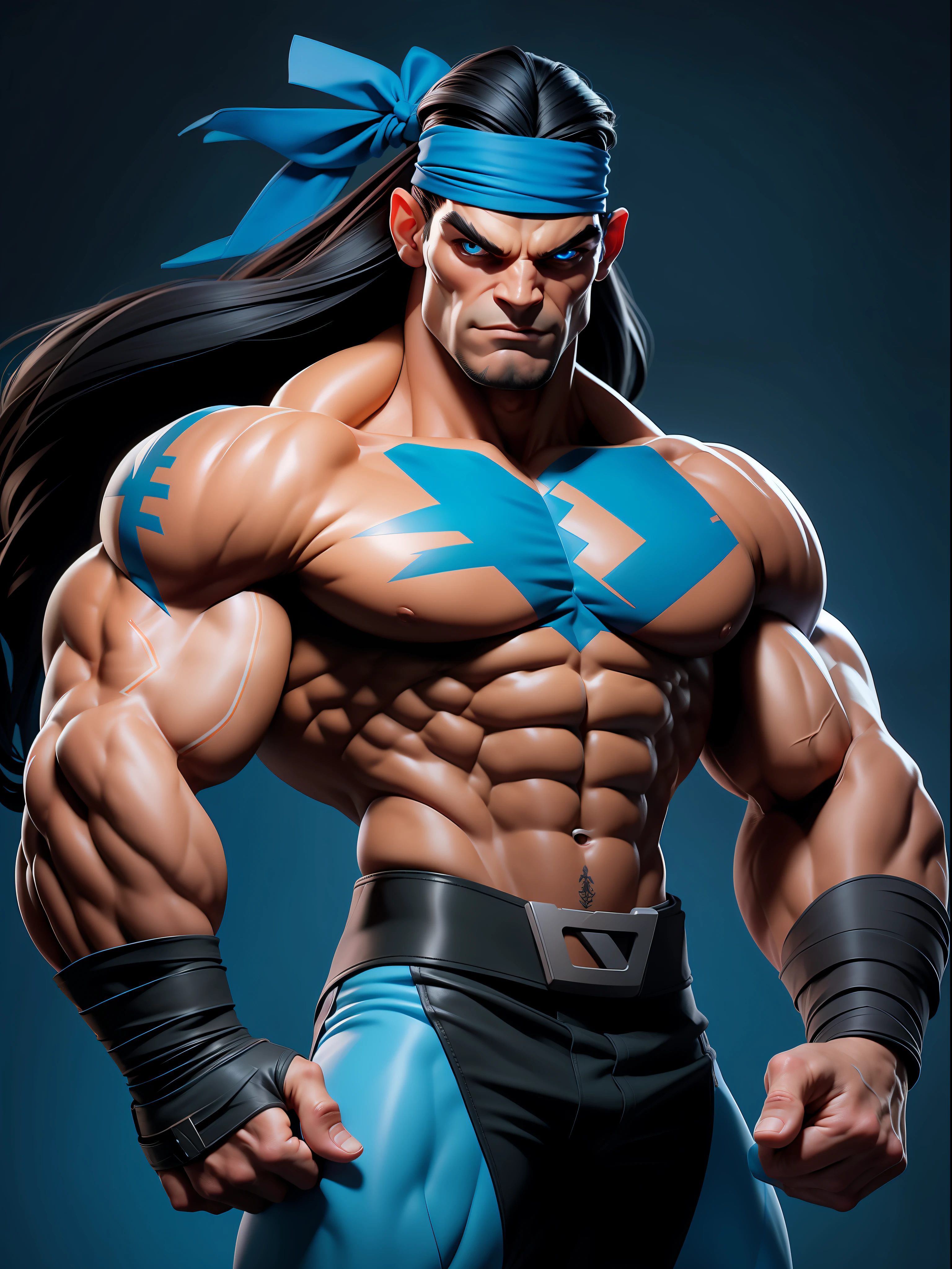 muscle man with long (black hair) and (blue headband) , (cyborg arms) , shirtless, (blue tattoos on chest), cyborg