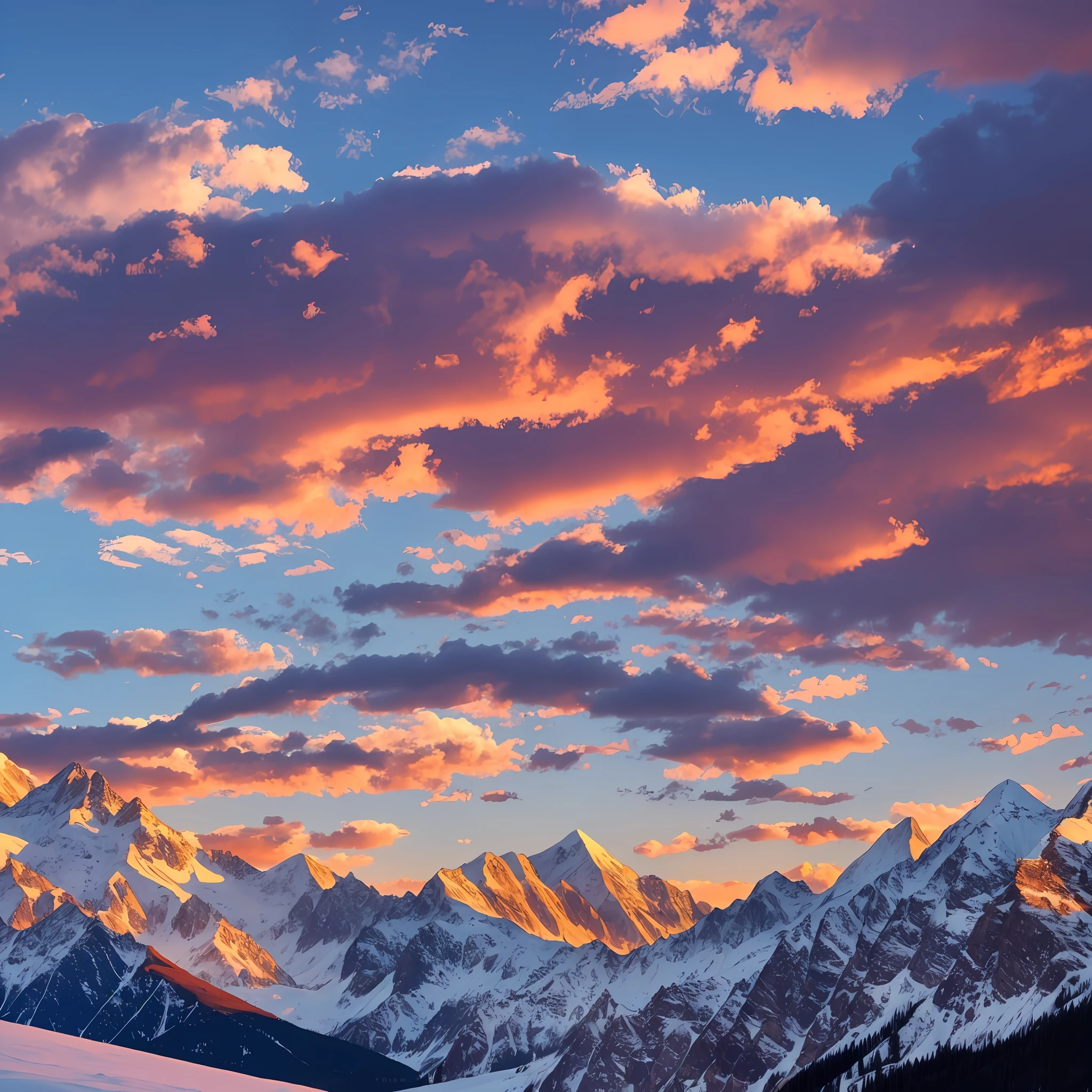 Sunset, snow-capped mountains, towering --auto --s2
