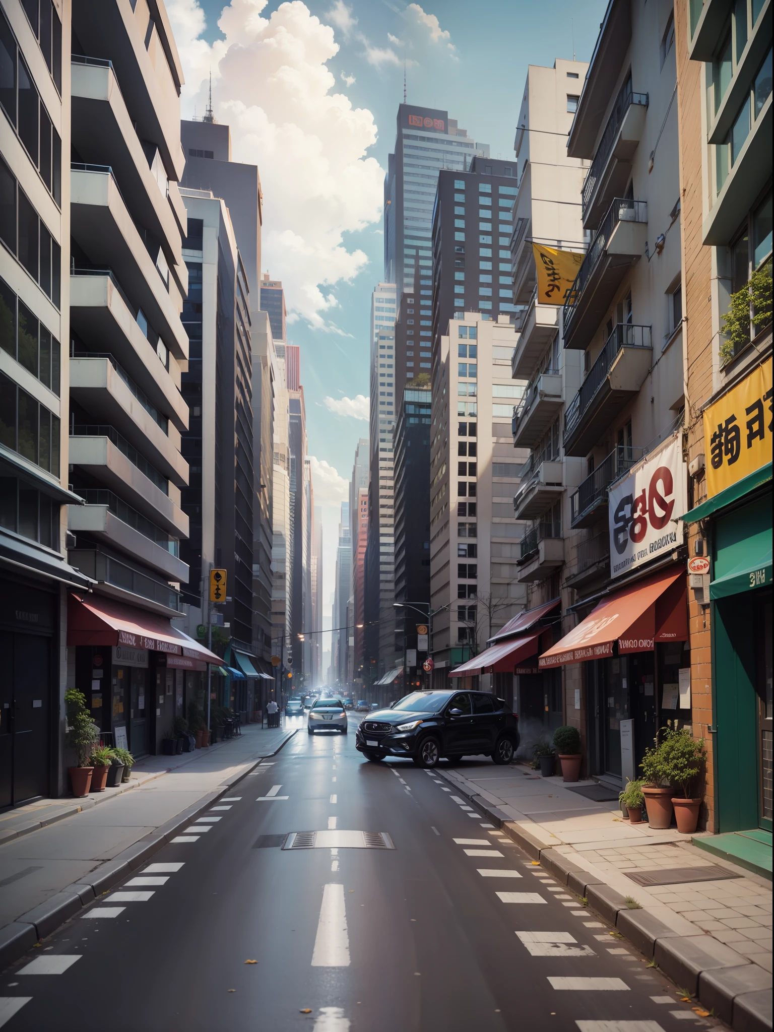 A black car, parked on the side of the road, urban