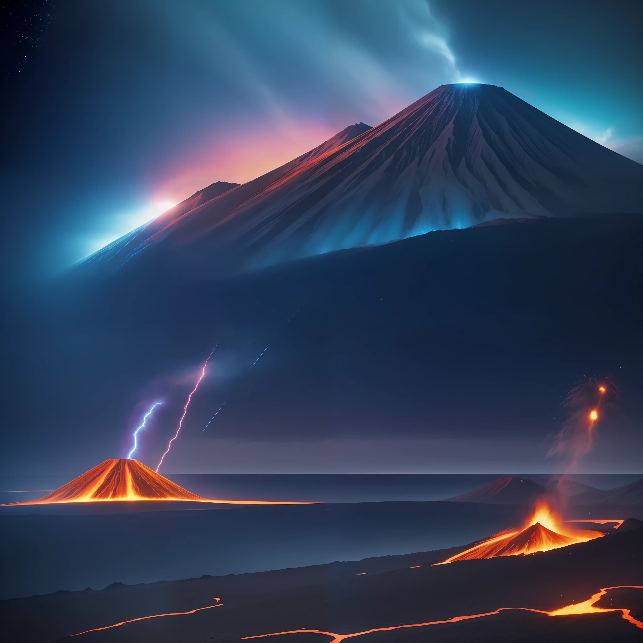 dramatic sky, blue lightning Style: masterpiece, best quality, 8k, sharp focus, realistic, ((Detailed)), ((Dynamic pose)), ((Good Highlights)), (Perfect Proportions), (dynamic), (intricate), (complimentary colors), good perspective, (Professional), (Award winning)
ADDCOMM
volcanic island background
Red flame, soft particles, explosion
BREAK
green flame, soft particles, explosion
BREAK
blue flame, soft particles, explosion
volcanic island background --auto --s2
