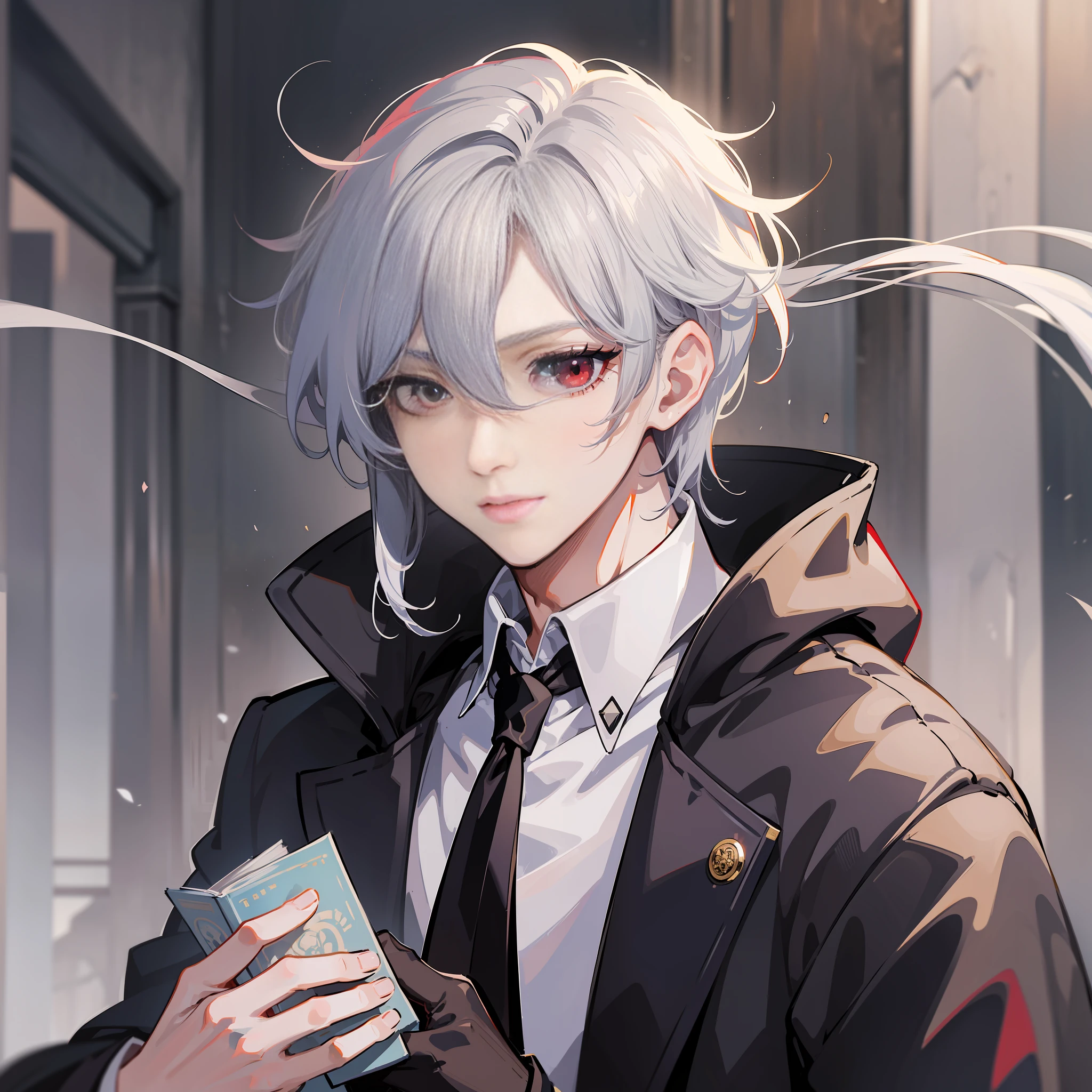 Male character in anime with long eyelashes, solid round eyes, long hair, red eyes and moles under the eyes. His hair color is silver, black trench coat, relatively thin, white shirt, and holding a book in his hand. Handsome. This character appears in Rococo style anime with high detail and super detail and an image resolution of 8K