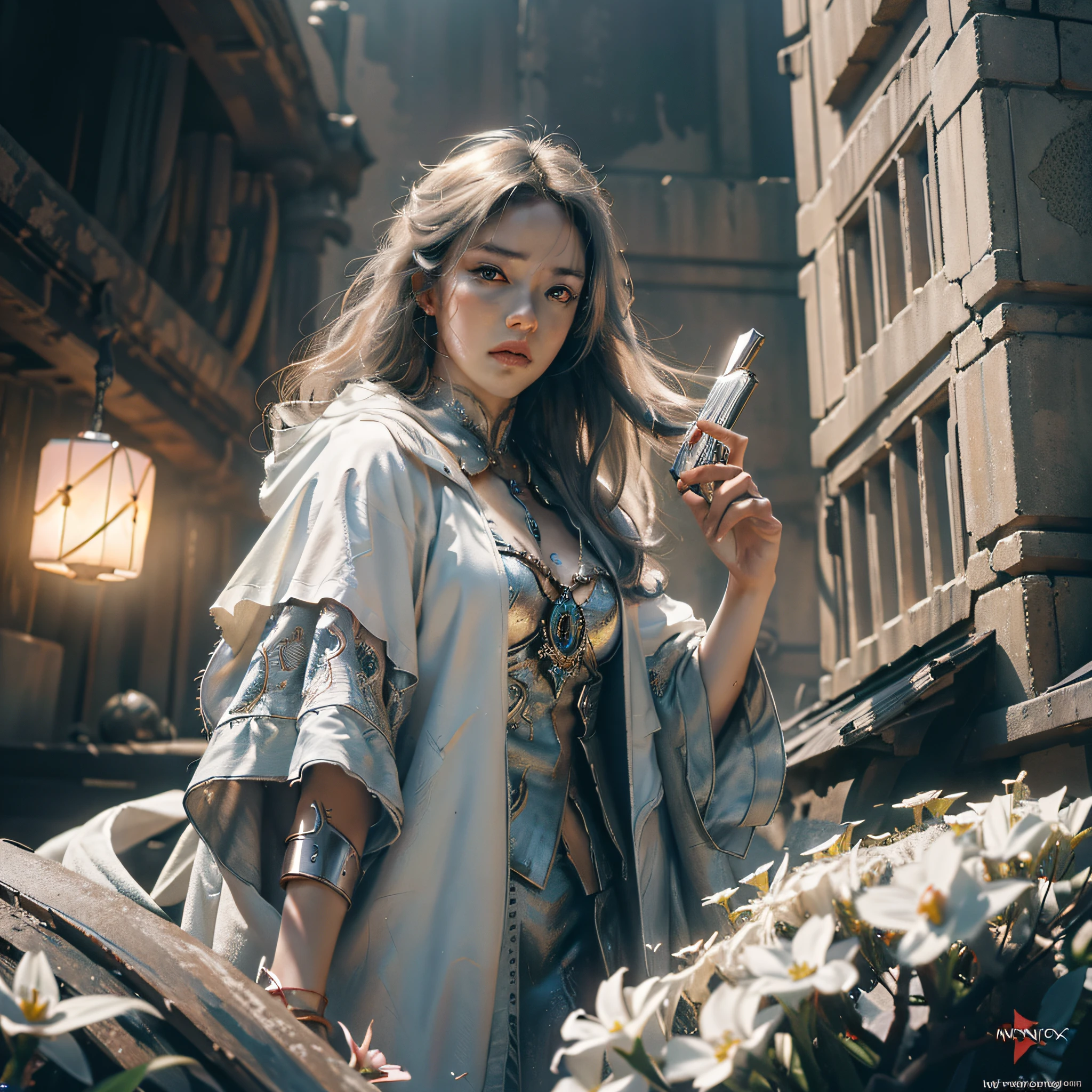 (Very detailed CG unified 8k wallpaper), (Masterpiece), (Best quality: 1.2), (High resolution), (Illustration: 1.1), (Cinema light: 1.1), Fine, Complex Detail, (Best Illustration), 8k resolution, Complex Detail, Best Quality, Real, Ultra detailed, Best lighting, Best shadows, Ultra HD, cryengine, Ultra HD, (Detailed reflections), Detailed shadows, (((Complex Details))), smooth, (( Perfect Shading)), high-quality metallic texture, metallic luster, highly detailed illustration, (semi realistic:1.6), (wide_shot:1.2), (from below, dutch_angle), dutch angle, ((cowboy shot)), (beautiful detailed eyes:1.1), beautiful detailed face: 1.1, (realistic body:1.2), looking at the audience, (A girl holding a white dragon, surrounded by white flowers.) :1.6), (Shawl Scatter), [Prepare a Sword][Light Skin], (Blood Drops Full Body:1.1), Brush, (Glowing Eyes\[Rubik's Cube in the Eyes [Colored Yellow]), Long Silver Hair, Hair Between Eyes, Sigma 135mm Lens, Lone Flowers Around, (((Face to Face: 1.6))), Complex Backgrounds, Dynamic Camera Angles, Blood Rain Behind, (War Zone), (((High Quality Detailed Ruins))), (Depth of Field), ((Cinematic Lighting)), (( Horror)), ((Dark Fantasy)), lovecraftian, spot color, monotony, red, splattered blood, (best illumination), (hyper intricate details), ((ultra-detailed)), 4k unity, (extremely detailed CG:1.2), (8k:1.1), ((landscape)), Artstation, ((by sui ishida, by.) Wenjun Lin, by stefan morrell)), dystopian art, apocalyptic art, ((semi-realism), (realism), (dynamic), (nixeu_basic2:0.5)