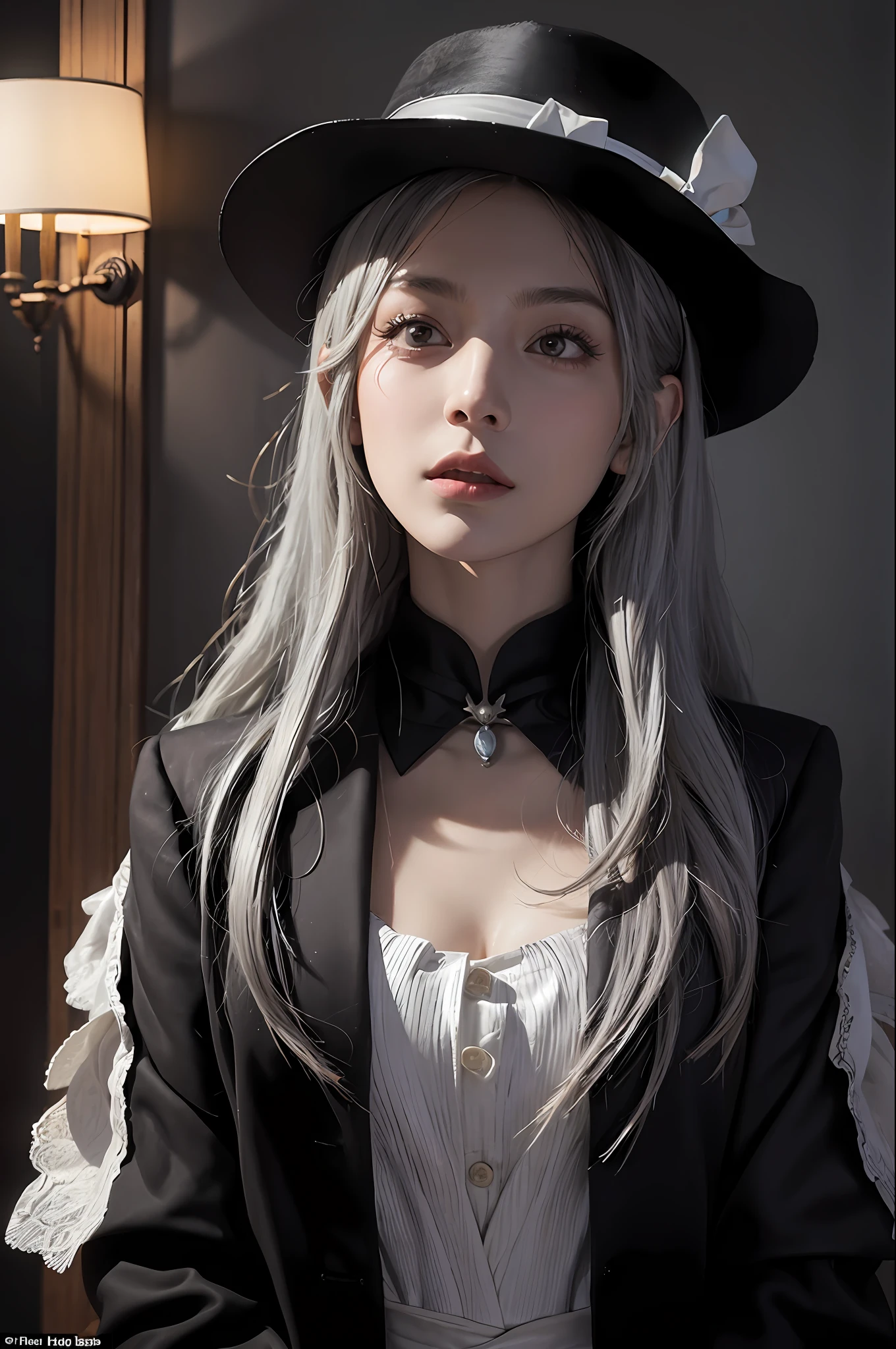 (In the Dark: 1.6), Surrealist Female Portraits by David Hockney and Alphonse Mucha, Fantasy Art, Photo Realism, Dynamic Lighting, ArtStation, Poster, Volumetric Lighting, Very Detailed Faces, 4k, Award-Standing, 1Girl, In the Dark, Deep Shadow, Understated, Cowboy Shots, (Official Costume: 1.4), Long Hair, Gray Hair, Feminine