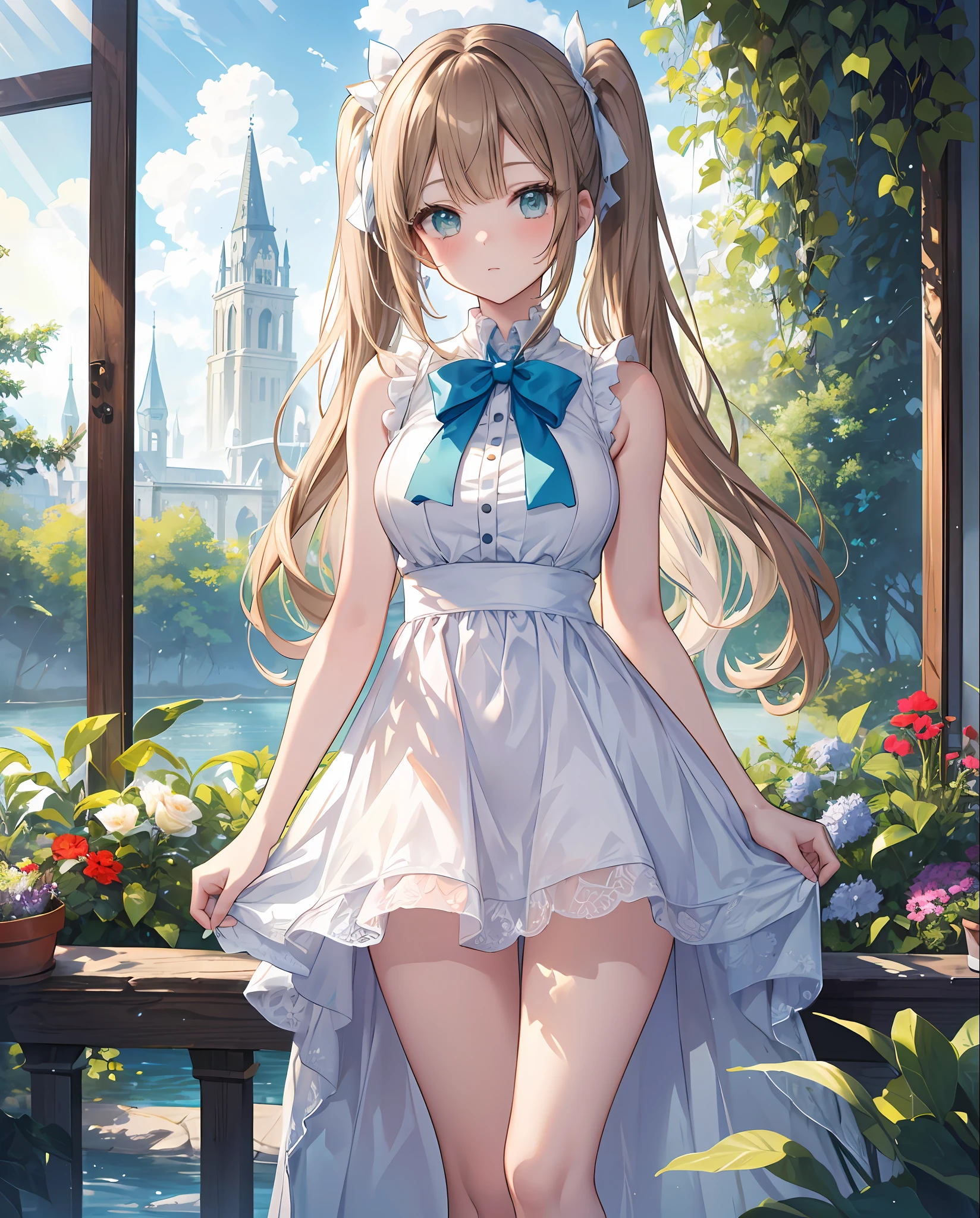 ((highest quality, masterpiece)), very delicate and beautiful, bright, cowboy_shot, from_below, girl, woman, woman, young, 20 years old, long hair, princess cut, parted bangs, twin tails, light brown hair, delicate face, blush, detailed beautiful eyes, large_breasts, thighs, green eyes, white skin, blue_bow, sleeveless_dress, sleeveless, shorts, bare_legs, white clothes, blue sky, beautiful detailed garden, very beautiful detailed water,