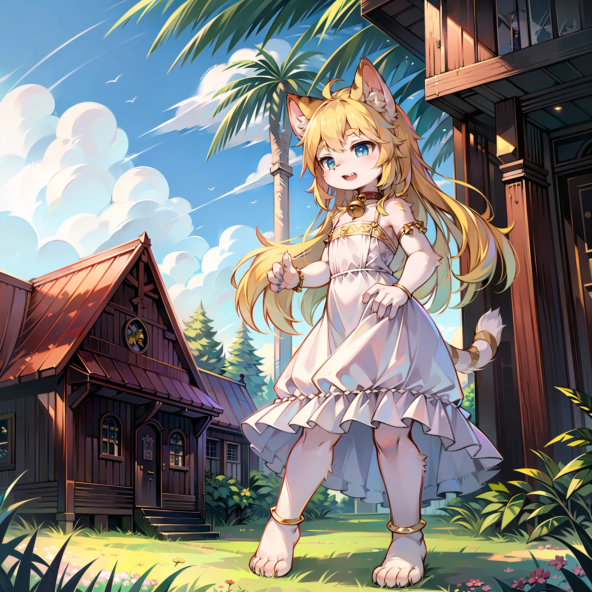 Garden, long hair, blonde hair, bell collar, full body, , fluffy, cat ears, open mouth, with cat teeth, tiger teeth, clouds, sky, sky, sun, in summer, no spots, cubs, yellow fur everywhere, yellow fur everywhere, cat type, fluffy cat tail, masterpiece, high-quality portrait, human figure, cub, lone girl, wind, standing in front of church, evening dress, cute anklets, shaggy face, super cute face, hairy face, cute face, super cute cat soles, meat pads, Furry legs, no shoes, layered, Furry, full body furry, full body like, super cute cat palm, hands, furry snow-white cat palm, furry hands, fingers with distinct roots, flesh pads, toe pads, graceful palms, light blue eyes, cat beard, small lace hand straps