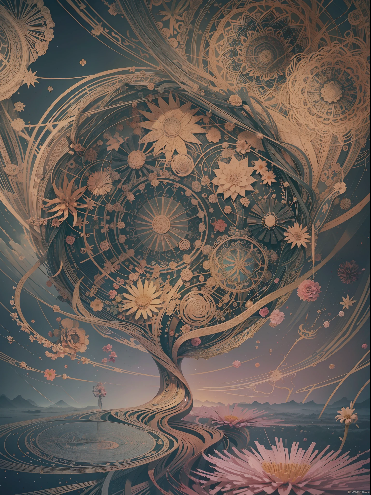 official art, unity 8k wallpaper, ultra detailed, beautiful and aesthetic, beautiful, masterpiece, best quality, (zentangle, mandala, tangle, entangle), (??????? of flower:1.2) dynamic angle, cowboyshot, the most beautiful form of chaos, elegant, a brutalist designed, vivid colours, romanticism, atmospheric
