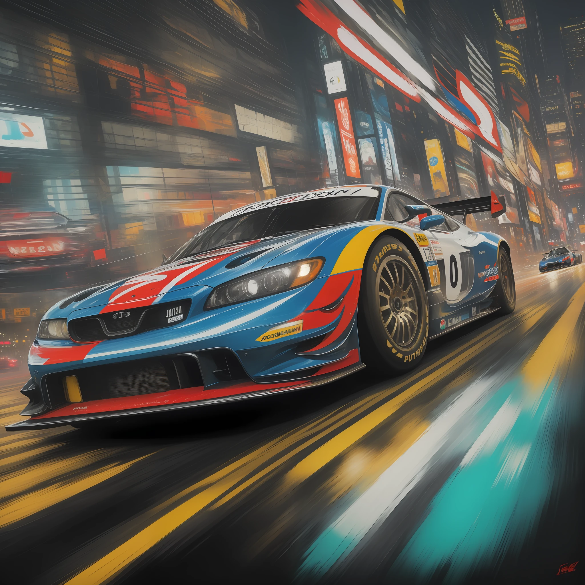 ((best quality)), ((masterpiece)), ((realistic)), A vibrant, high-contrast large-scale painting of a racing car speeding through urban city streets at nighttime. The scene is illuminated by neon lights, capturing the energetic atmosphere of the race. The artwork, created by the renowned artist Jackson Pollock in his distinct abstract expressionist style, is executed with meticulous detail and precision, showcasing the artist's expertise in capturing motion and intensity. The acrylic on canvas medium brings depth and texture to the painting, enhancing the immersive experience. This masterpiece evokes a sense of exhilaration and dynamism, transporting the viewer into the thrilling world of street racing. on eye level, scenic, masterpiece
