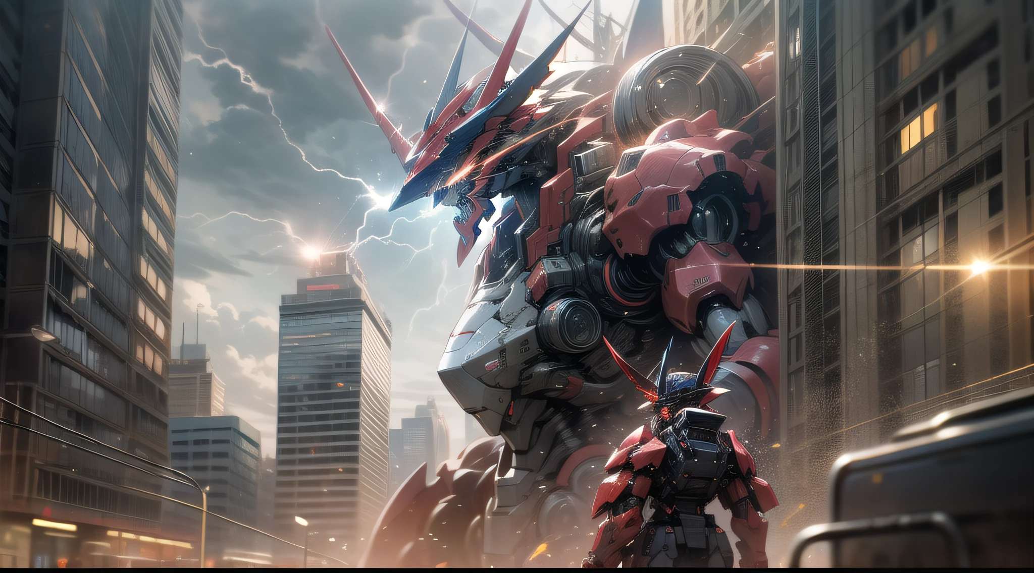 From a distance, a giant mecha demon appears in the city, a small person has his back to the camera, lightning is bubbling around the demon, the bottom of the picture is glowing, and a warrior faces a huge mecha demon