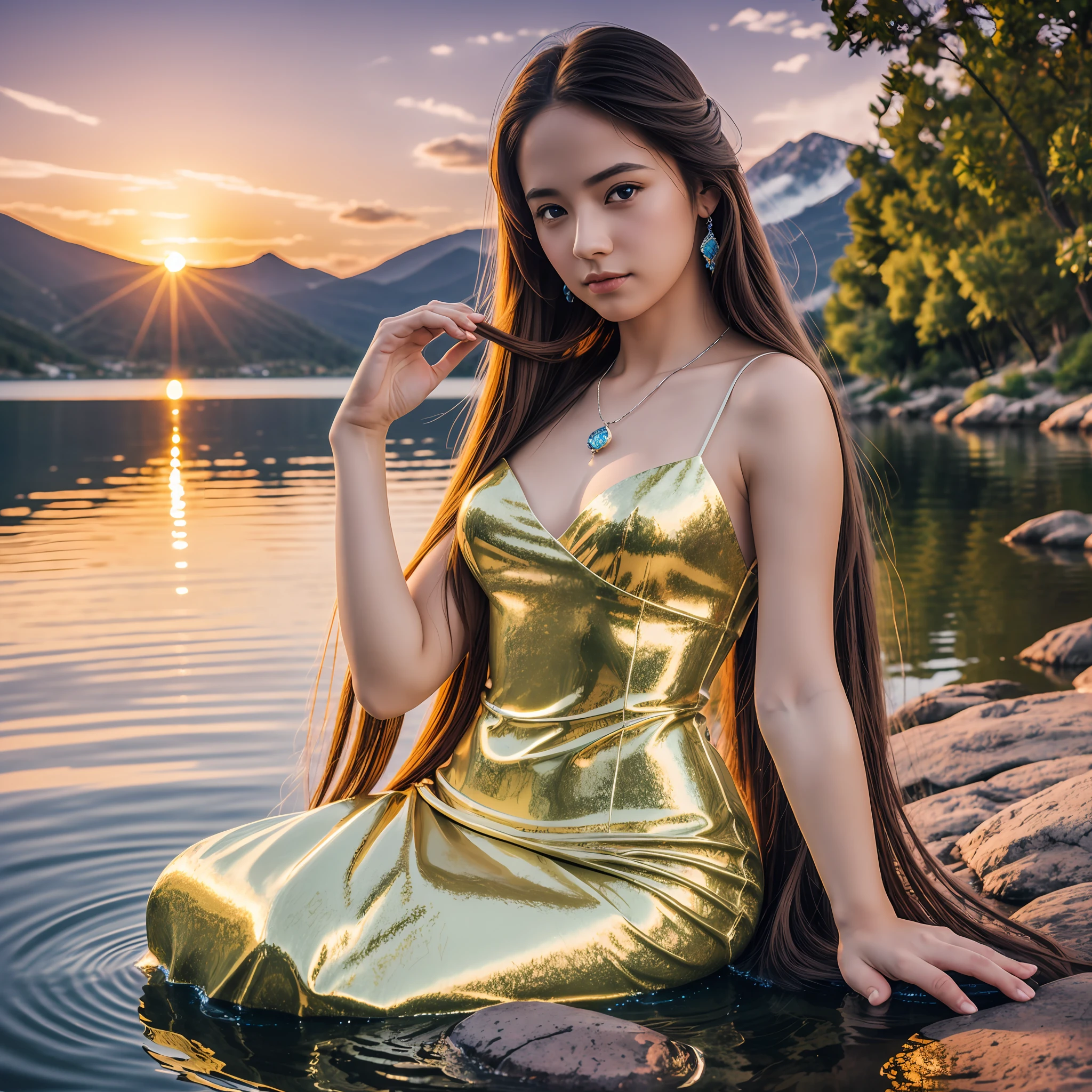 1 mermaid girl, serene expression, mesmerizing eyes, long straight hair, flowing dress, balanced posture, porcelain skin, subtle blush, crystal pendant BREAK golden hour, (rim lighting): 1.2, warm tones, sun reflection, soft shadows, vibrant colors, pictorial effect, dreamy atmosphere BREAK scenic lake, distant mountains, willow, calm water, reflection, sunlit clouds,  Quiet environment, idyllic sunset, ultra detailed, official art, 8k unit wallpaper, zentangle, mandala --auto --s2