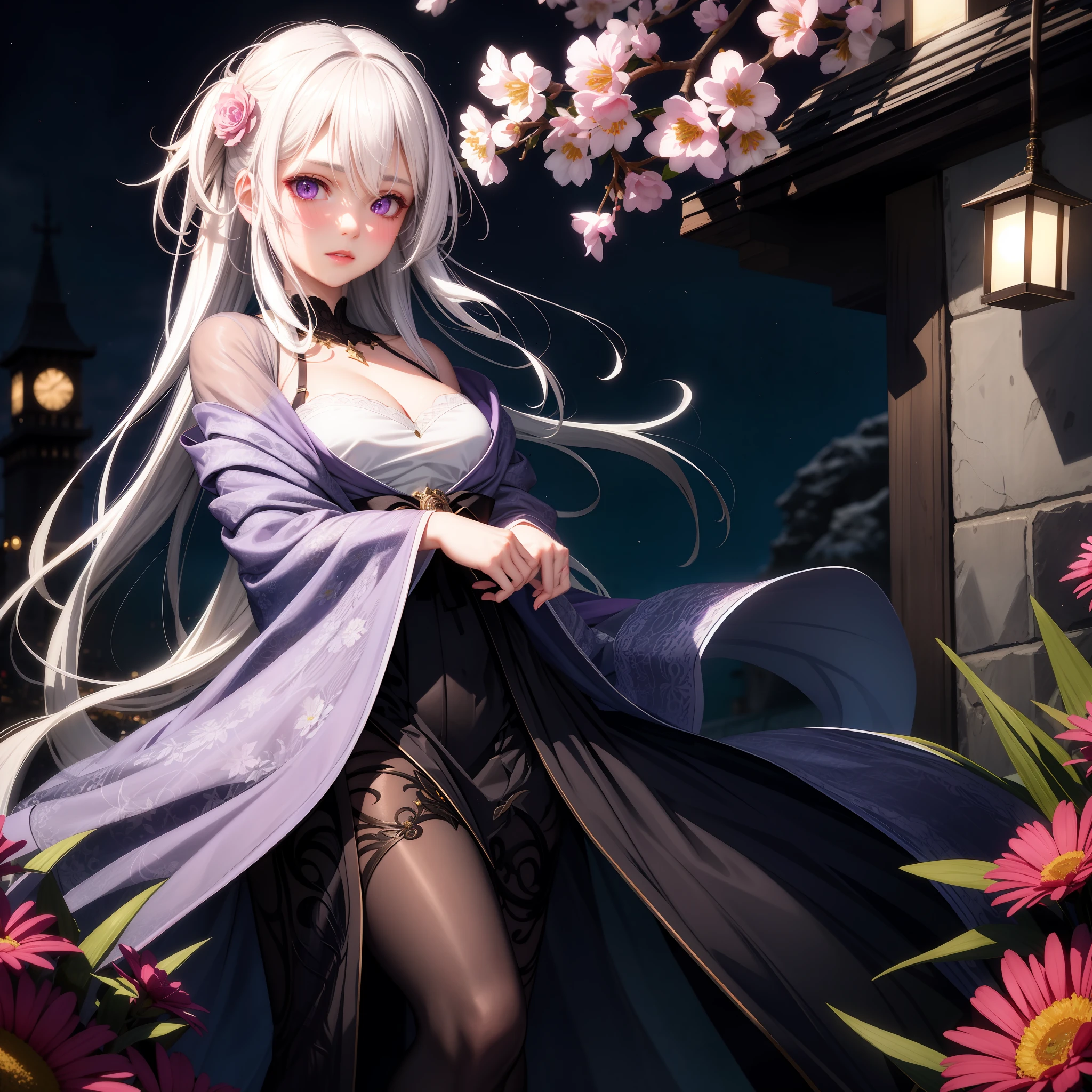 Realistic, 1girl, white hair, purple eyes, glowing eyes, parted lips, blush, night, flowers, sun, sun, no clothes