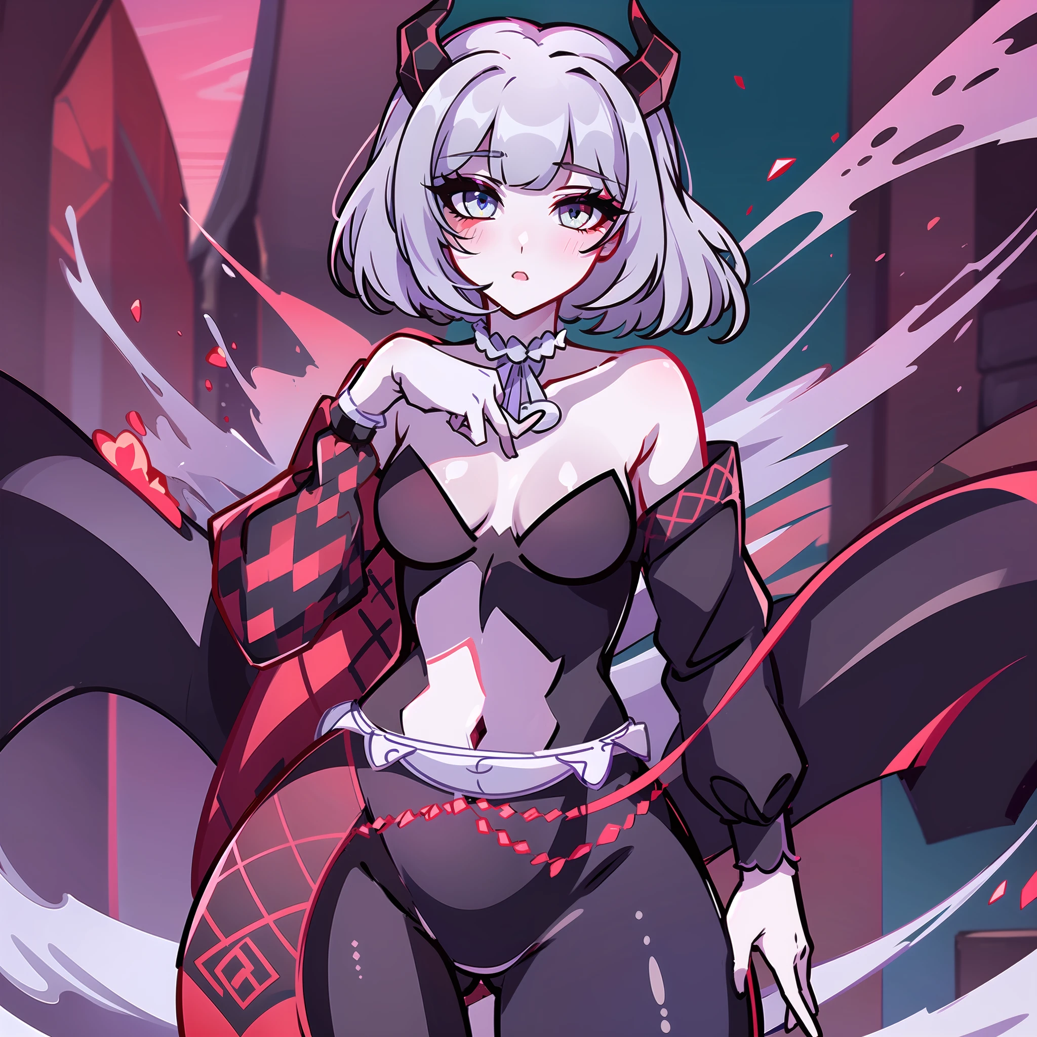 (Best quality: 1.0), (Super High Resolution: 1.0), extremely detailed character, detailed hands, half-dragon girl, horns, scales on the neck, scales on the shoulders, scales on the forearm, scales on the cheek, extremely detailed black dragon tail, extremely detailed hair, short hair, ((white hair)), ((black locks)), extremely detailed eyes, eyes with heterochromia, white eye and the other black, dragon eyes, 2d, tomboy girl, anime art, , full body, standing, medieval, rpg