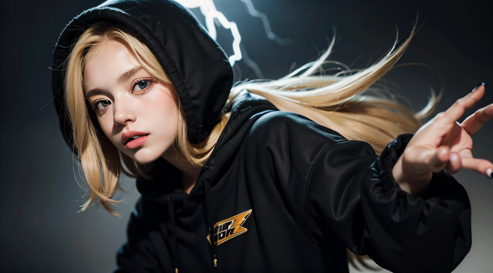 12 year old blonde girl, a portrait, wearing a black hoodie and letting out lightning bolts with her fingers, real UHD, real life, masterpiece, ccurate, textured skin, super detail, best quality, high quality, high details, 4K