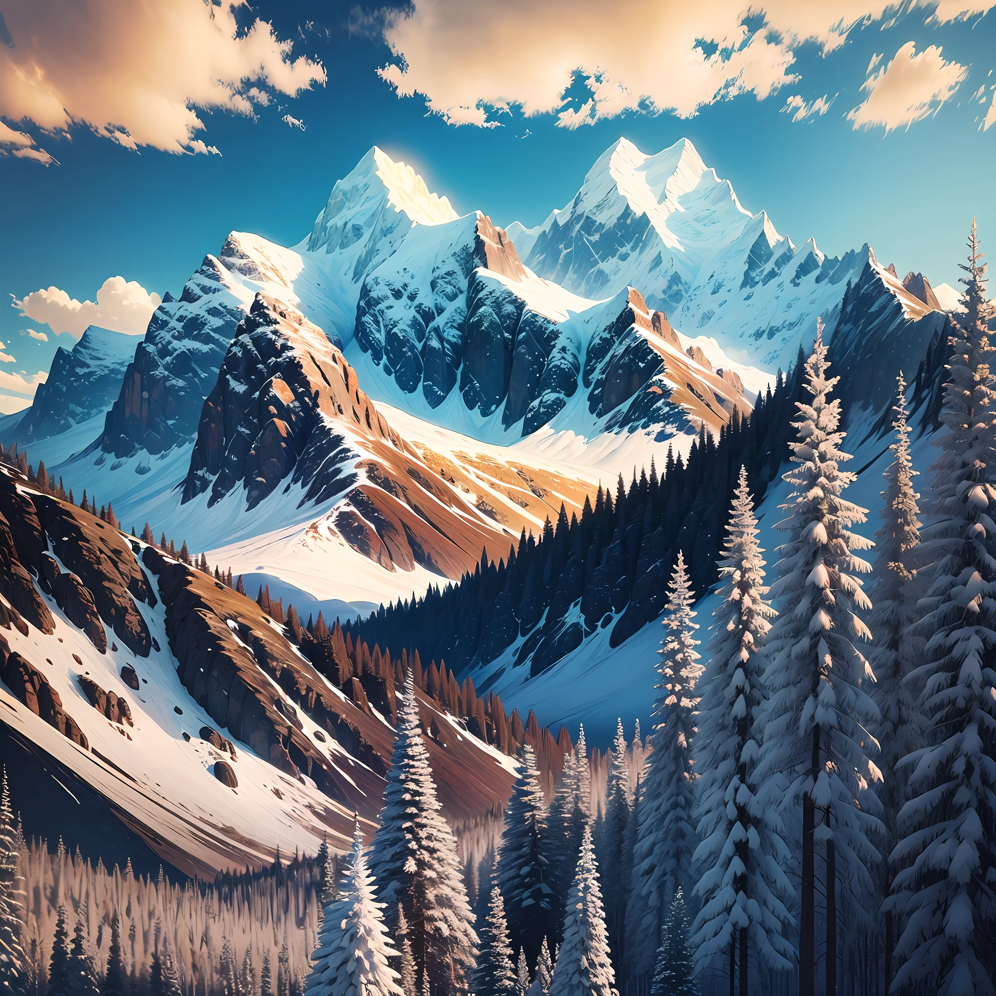 The sun shines gold, snowy mountains, majestic, and the perspective goes up --auto --s2