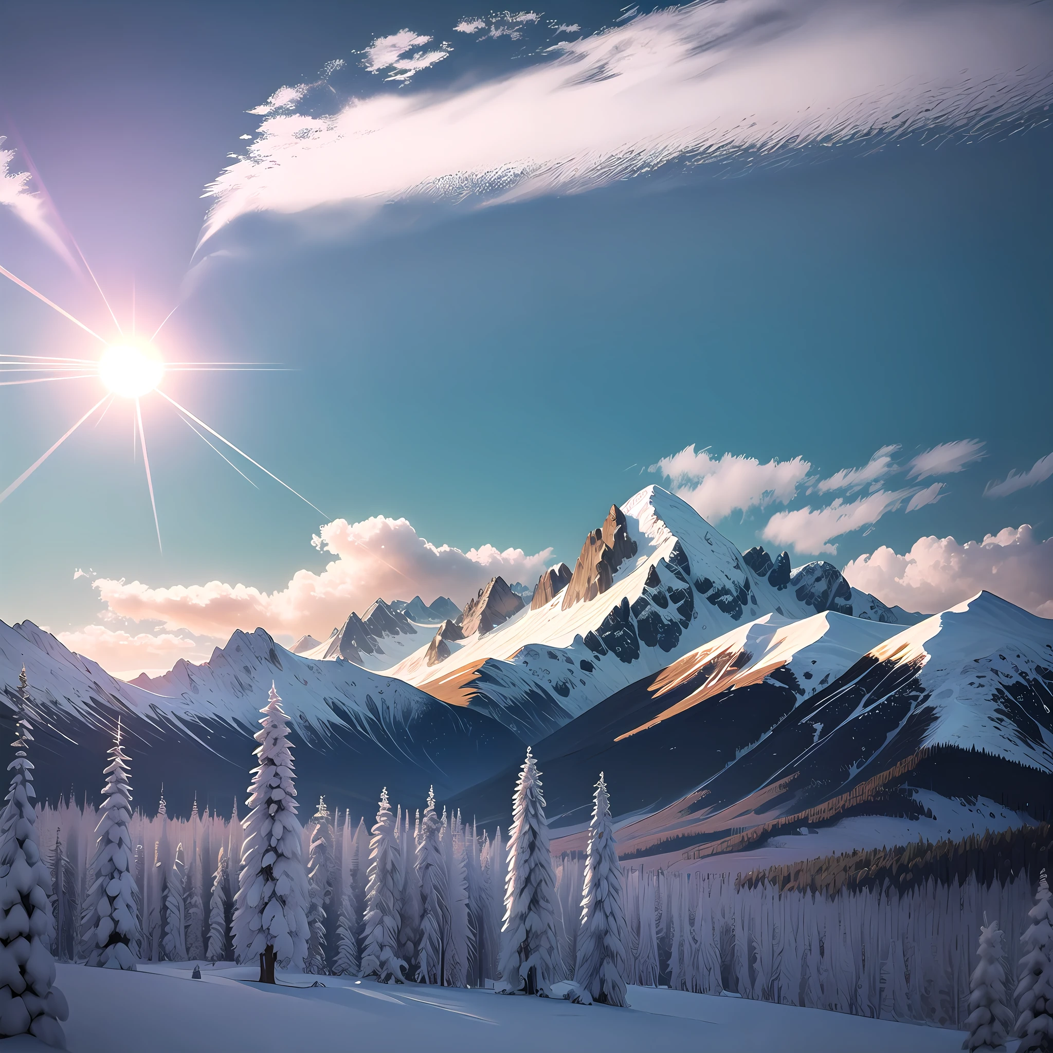 The sun shines gold, snowy mountains, majestic, and the perspective goes up --auto --s2
