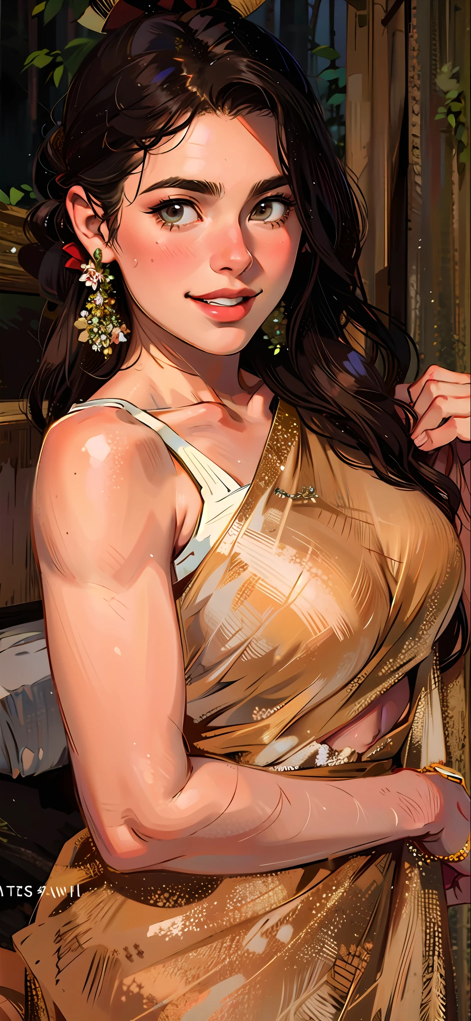 a hyper-realistic portrait of a young woman, smiling, under a tree, inside a forest, in the middle of nature, 22 years old, realistic, (lying on her side), sexy, (huge breasts 2:1), short brown hair, (hair tied with bows), curved, SFW