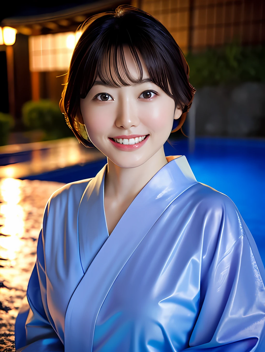 RAW photos, top quality, (photorealistic: 1.4), ultra high resolution, 8k, realistic, film grain, soft lighting, sharp focus, ultra detailed background,
1 girl, (smile: 0.6), yukata, pool, Japan, wet