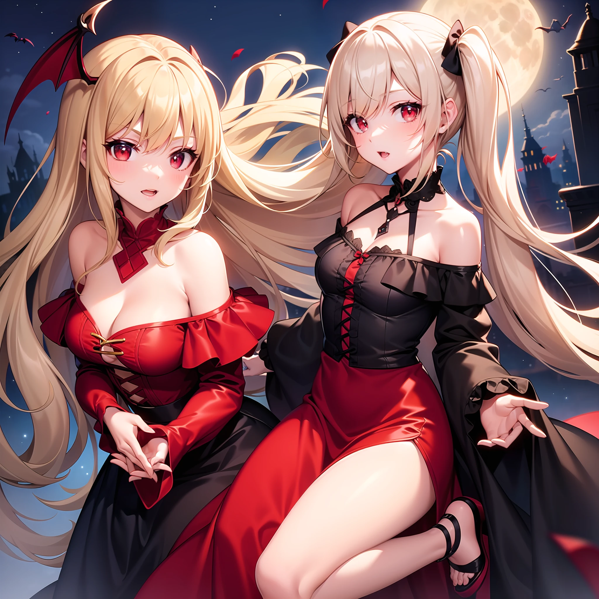 Solo, Single, Blonde, Red Eyes, Girl, Vampire, Off Shoulder, Dress, Moon on Background
