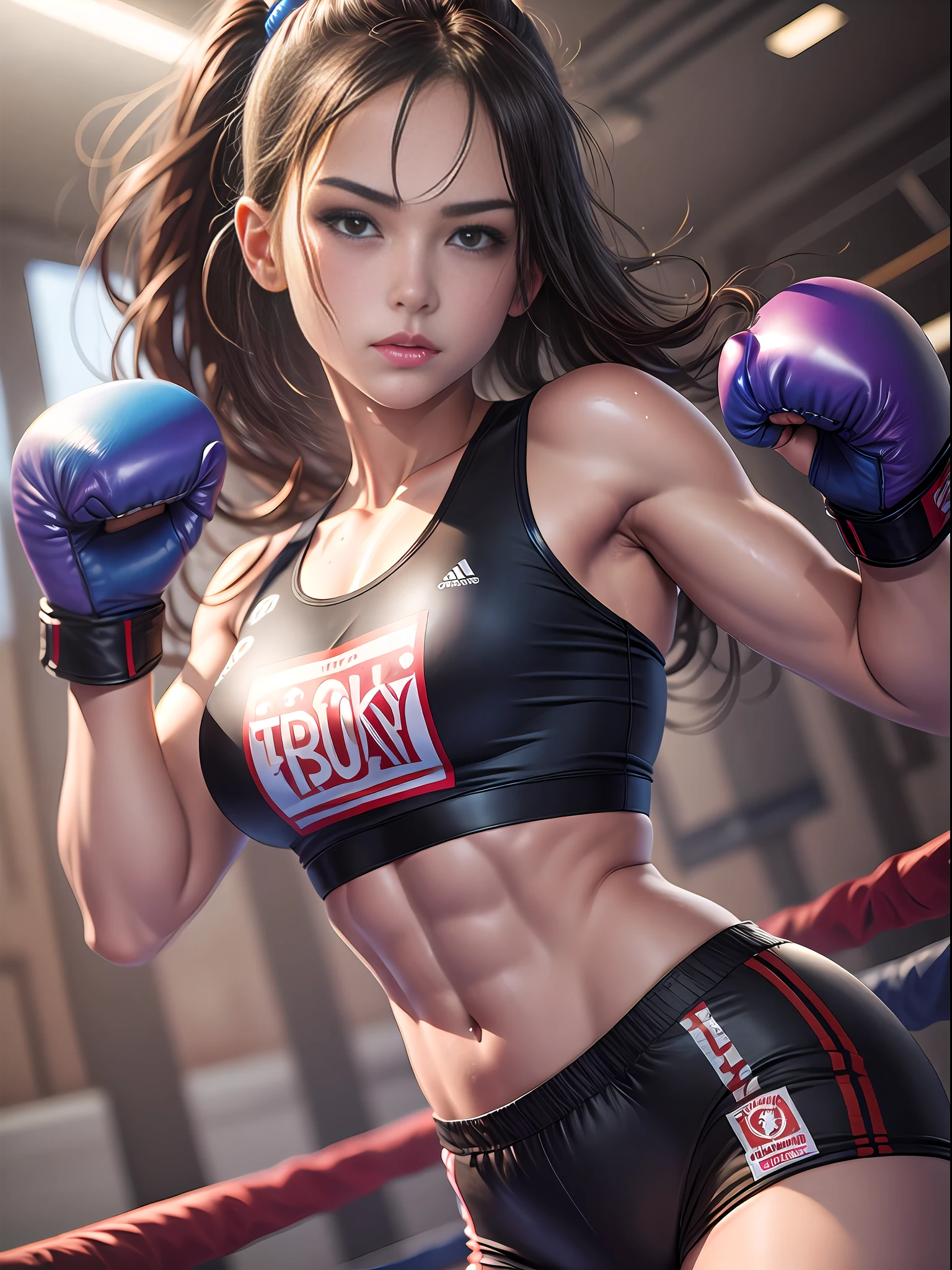 masterpiece,super detailed realistic illustration,1beautiful girl,boxing uniform、teenage girl,tone abs,beautiful legs,sweat skins,boxingvenue,dramatic light