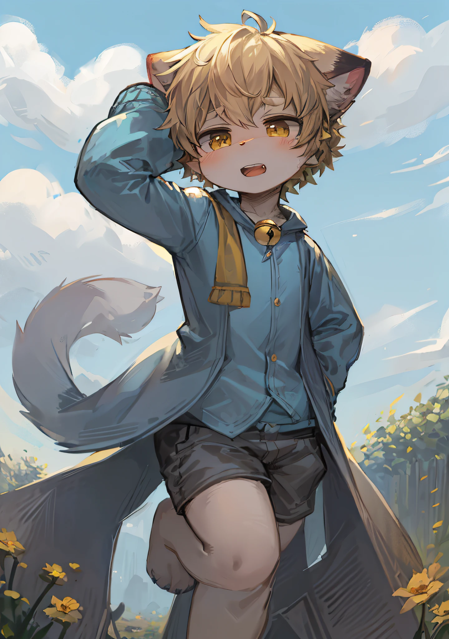 field, garden, band-aid, short hair, blonde, ahoge, bell, headphones, lower body, , furry, cat ears, open mouth, teeth exposed on both sides, clouds, sky, sky, in summer, no spots, cubs, yellow fur everywhere, cat ears, cat type, big fluffy tail, masterpiece, high quality portrait, human figure, cub, beard, solo child wind, pose, sell cute, full shot, sky blue coat, gray shorts, yellow scarf, white shirt, super cute face, furry paws