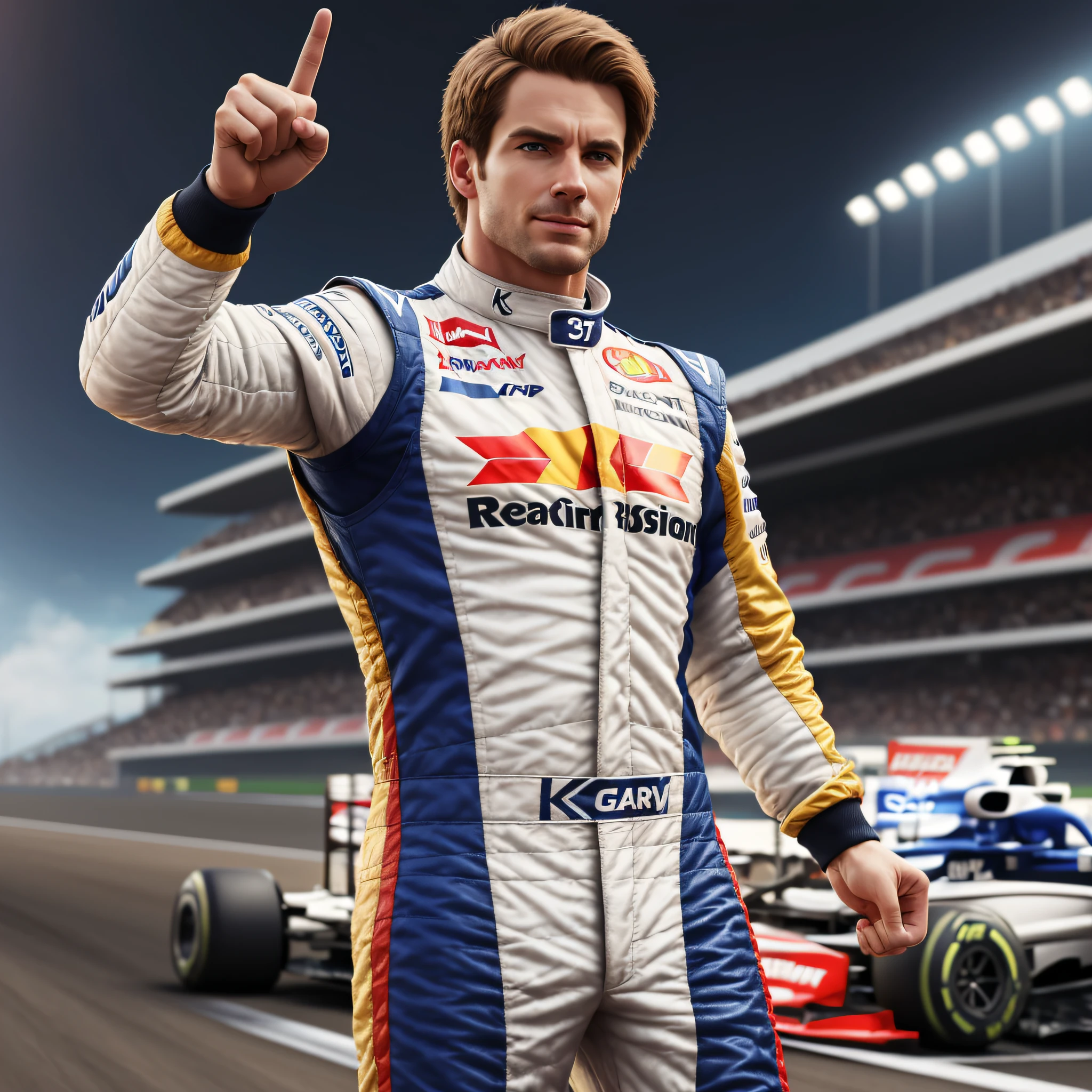 Hyper realistic man, Formula 1 racing outfit, frontal image, he holds a golden trophy in his left hand and raises his other hand in a victory gesture. 8k, realistic, symmetrical --auto --s2