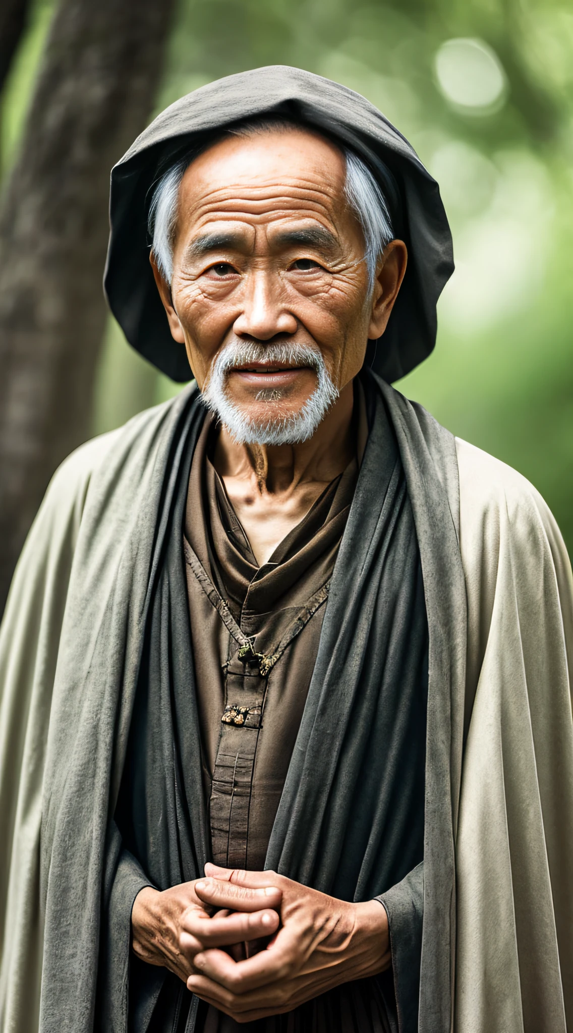 Portrait photography style, world masterpiece, super unique high professional digital art, film format, hyper-realism, color cinematography with ultra-fine details and quality, background is deep in the forest, an old man in rural China, an old man with wisdom. He wears an old cloak and his eyes are kind and shrewd. His skin has been blackened and powerful by the sun and rain, and the wrinkles are fixed on the corners of his mouth and forehead, making it seem that his years have precipitated. Although wearing a dark gown, although simple in appearance, it exudes sublime wisdom and a sense of tenacity of strength.