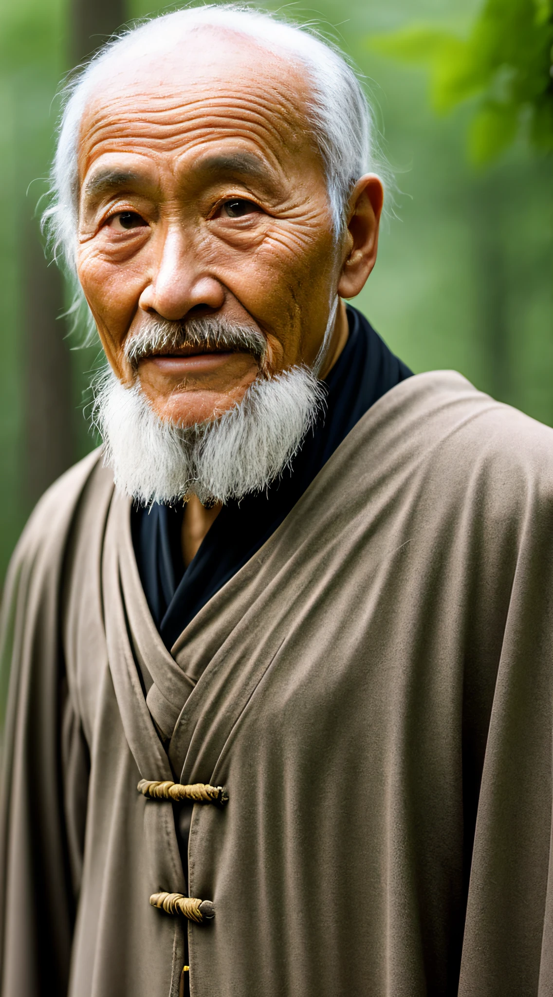 Portrait photography style, world masterpiece, super unique high professional digital art, film format, hyper-realism, color cinematography with ultra-fine details and quality, background is deep in the forest, an old man in rural China, an old man with wisdom. He wears an old cloak and his eyes are kind and shrewd. His skin has been blackened and powerful by the sun and rain, and the wrinkles are fixed on the corners of his mouth and forehead, making it seem that his years have precipitated. Although wearing a dark gown, although simple in appearance, it exudes sublime wisdom and a sense of tenacity of strength.