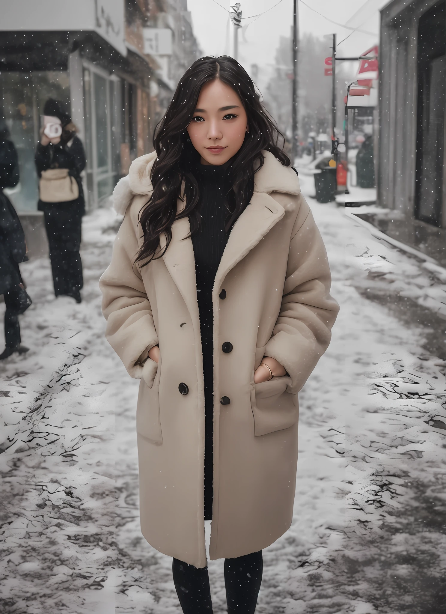 professional portrait photograph of a gorgeous Japanese girl in winter clothing with long wavy hair, ((sultry flirty look)), freckles, beautiful symmetrical face, cute natural makeup, ((standing outside in snowy city street)), stunning modern urban upscale environment, ultra realistic, concept art, elegant, highly detailed, intricate, sharp focus, depth of field, f/1. 8, 85mm, medium shot, mid shot, (centered image composition), (professionally color graded), ((bright soft diffused light)), volumetric fog, trending on instagram, trending on tumblr, hdr 4k, 8k, Fujifilm X-T5 vintage look, a lot of drama