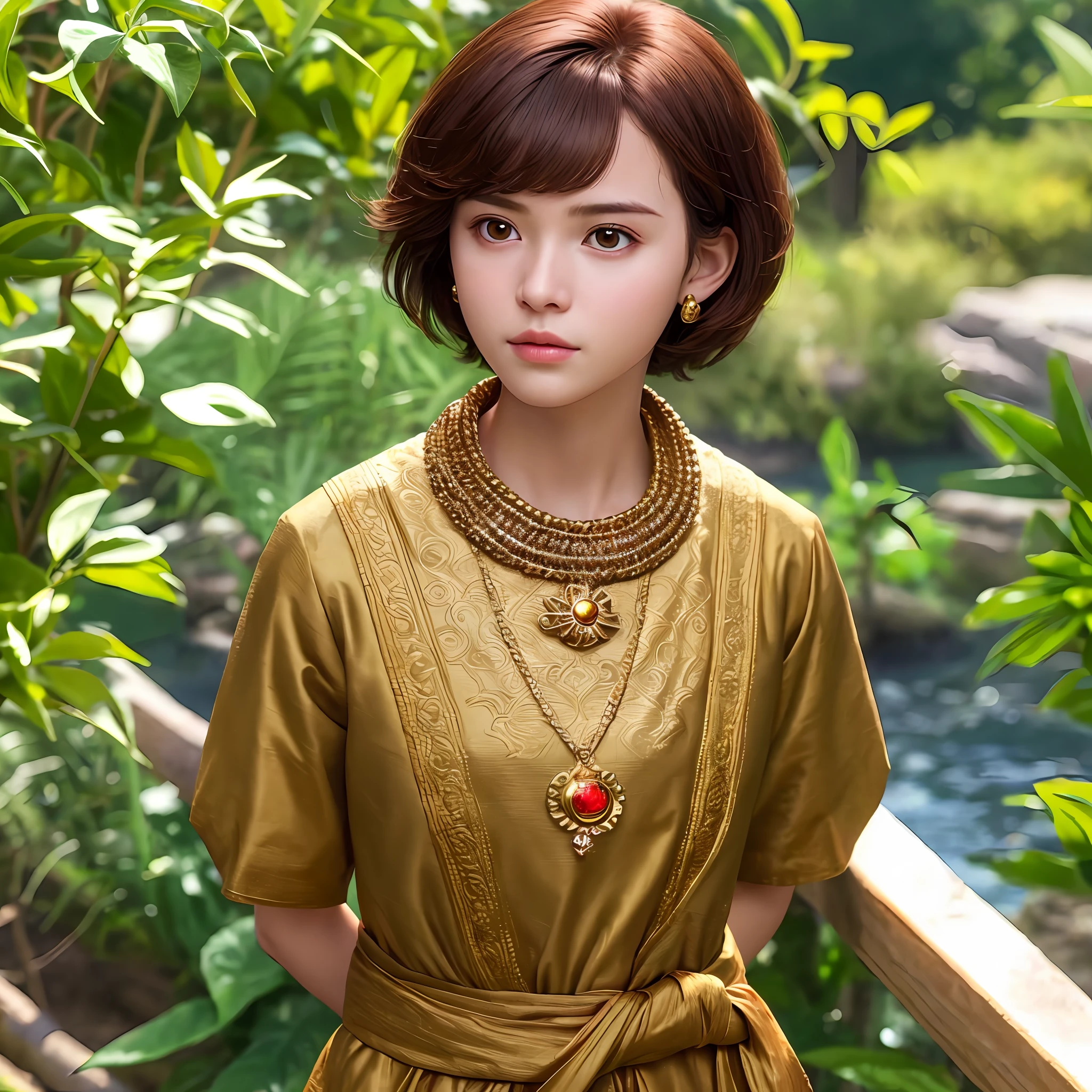 masterpiece, best quality, 8k, super detailed skin, looking off into the distance, jealous, cute, 1girl, short hair, wearing boubou, a secret society of time travelers,