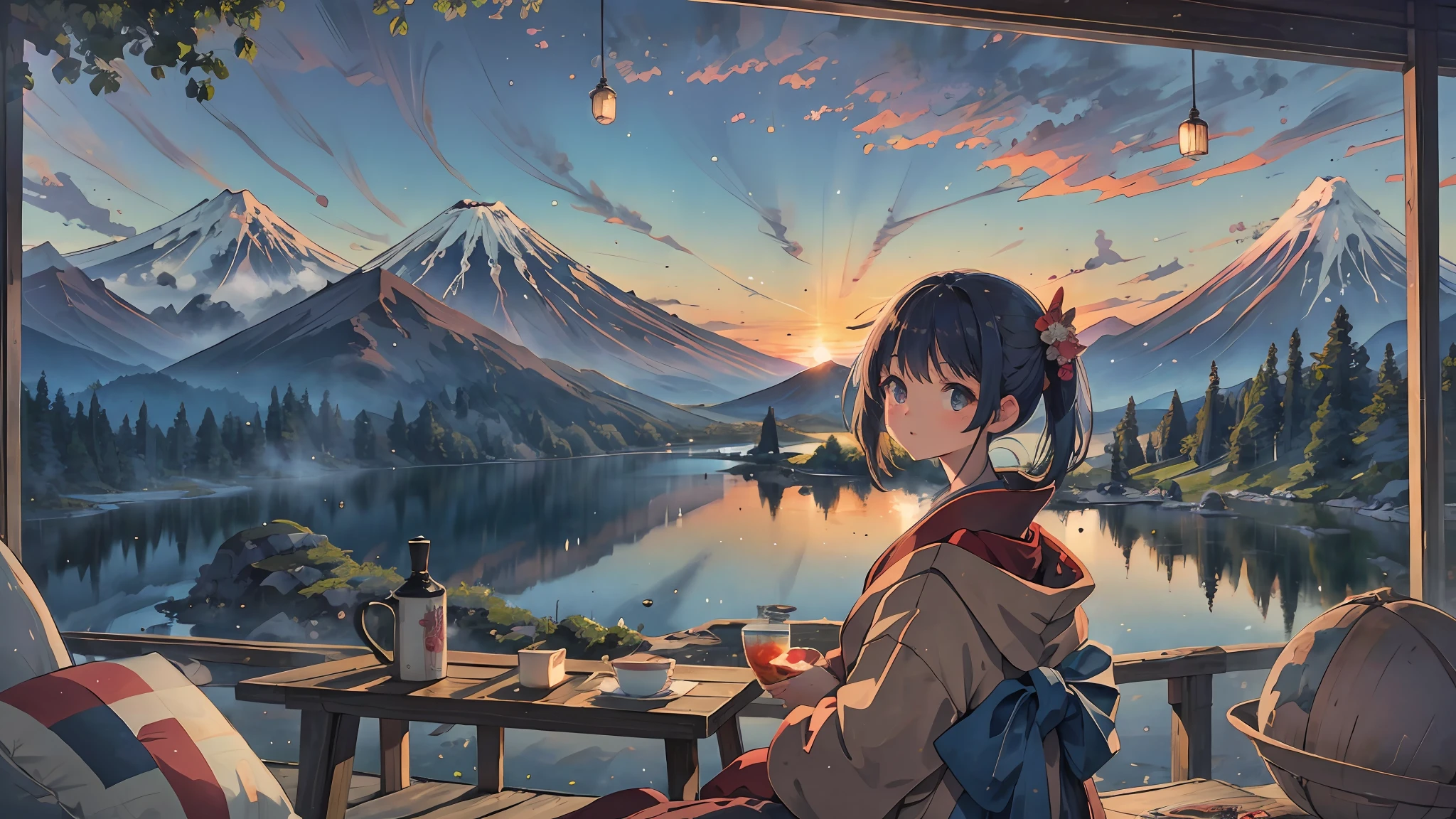 best quality, masterpiece, extremely detailed, detailed background, anime, 1girl, young girl, short girl, kimono, retro, mount fuji lansdscape, outdoors, sunset, beautiful sky, lake picnic, landscape, scenery, horizon, mountain sitting near mountain, wind, looking away, atmospheric lighting, solo focus, close up, from side, depth of field, bokeh