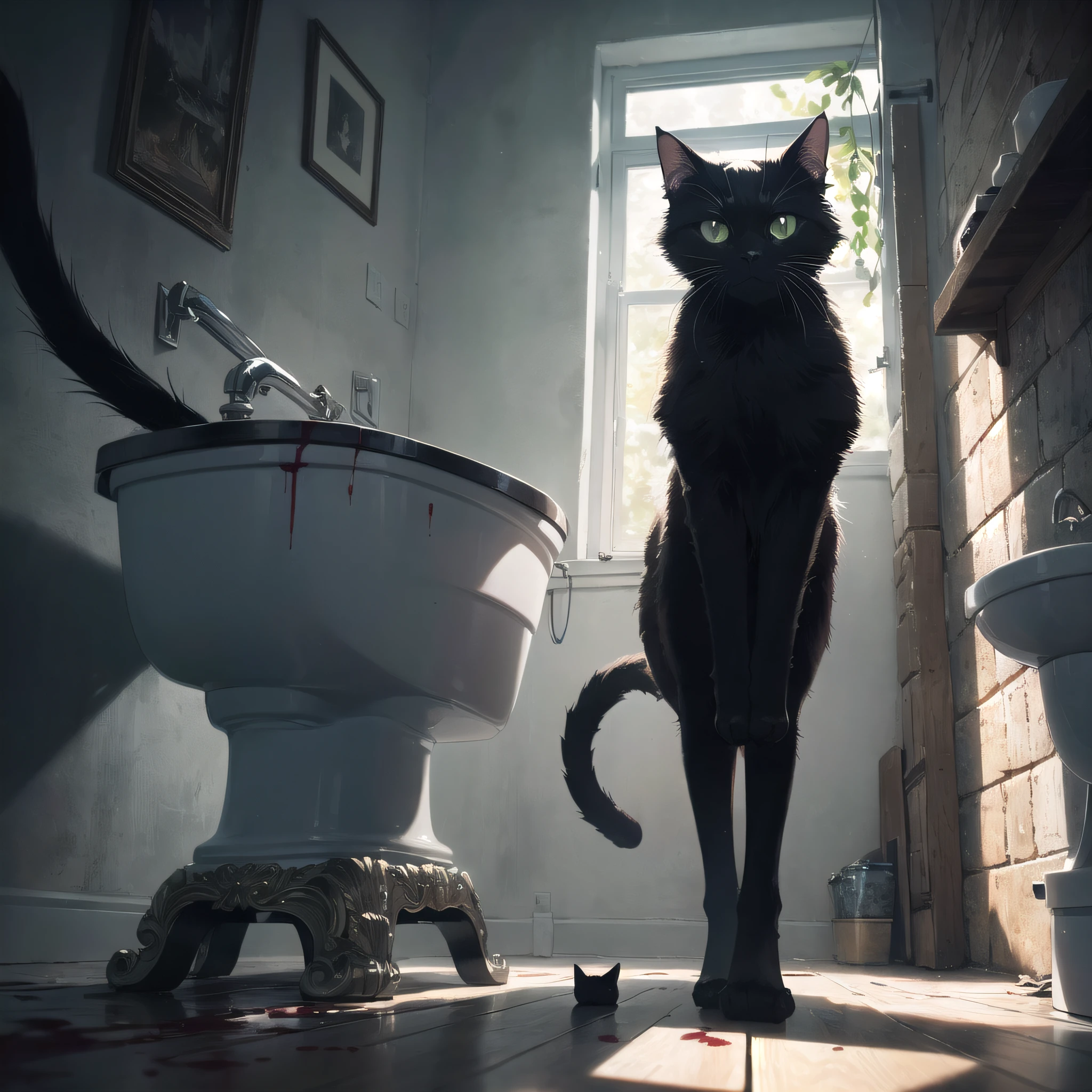 Absurd resolution, high resolution, (masterpiece: 1.4), hyper-detail, black cat, eerie dark toilet, blood