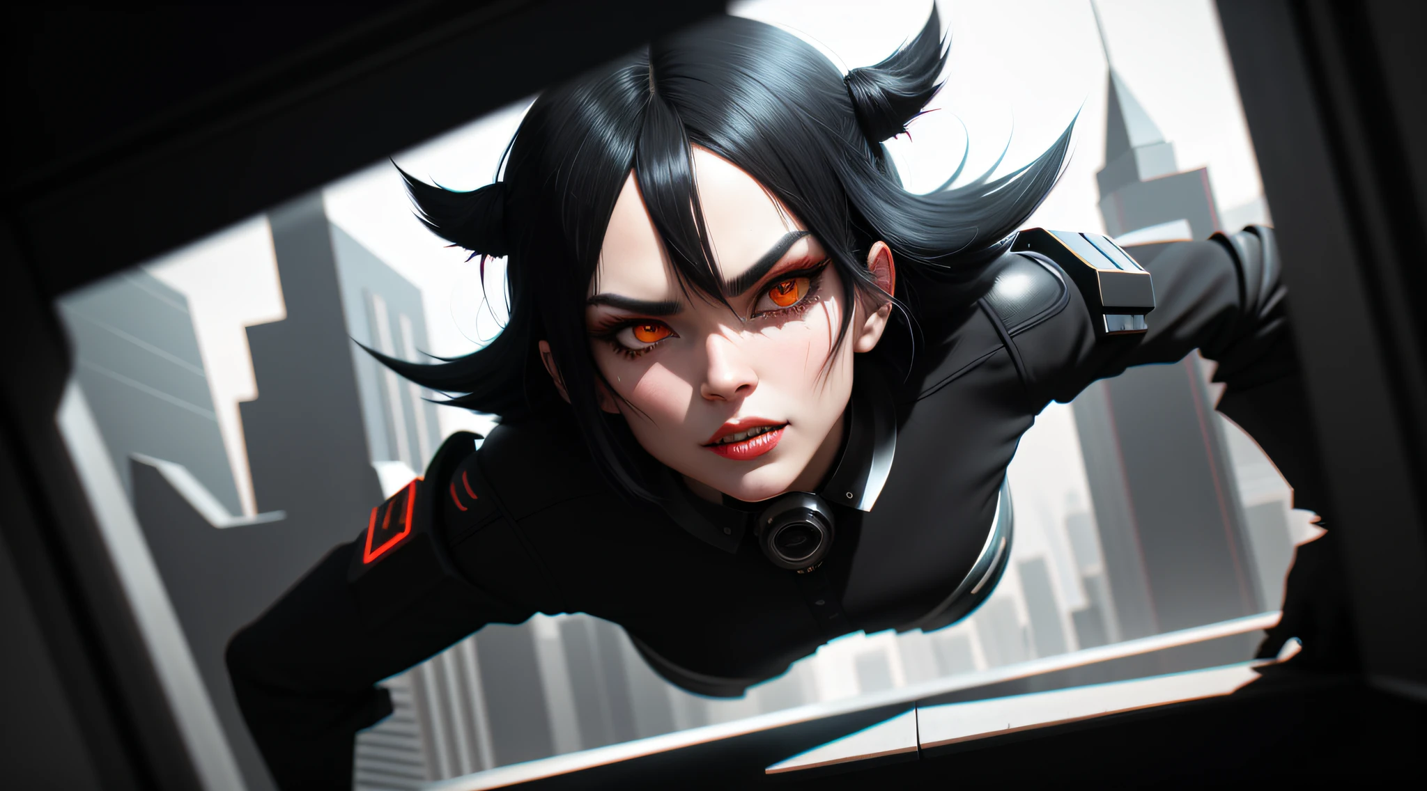 black hair, fang, Surrealism, drop shadow, anaglyph, stereogram, tachi-e, pov, atmospheric perspective, Surrealism, modern, Futurism, Conceptual art, Cubist Futurism, Surrealism, chiaroscuro, cinematic lighting, 8k, super detail, ccurate, best quality