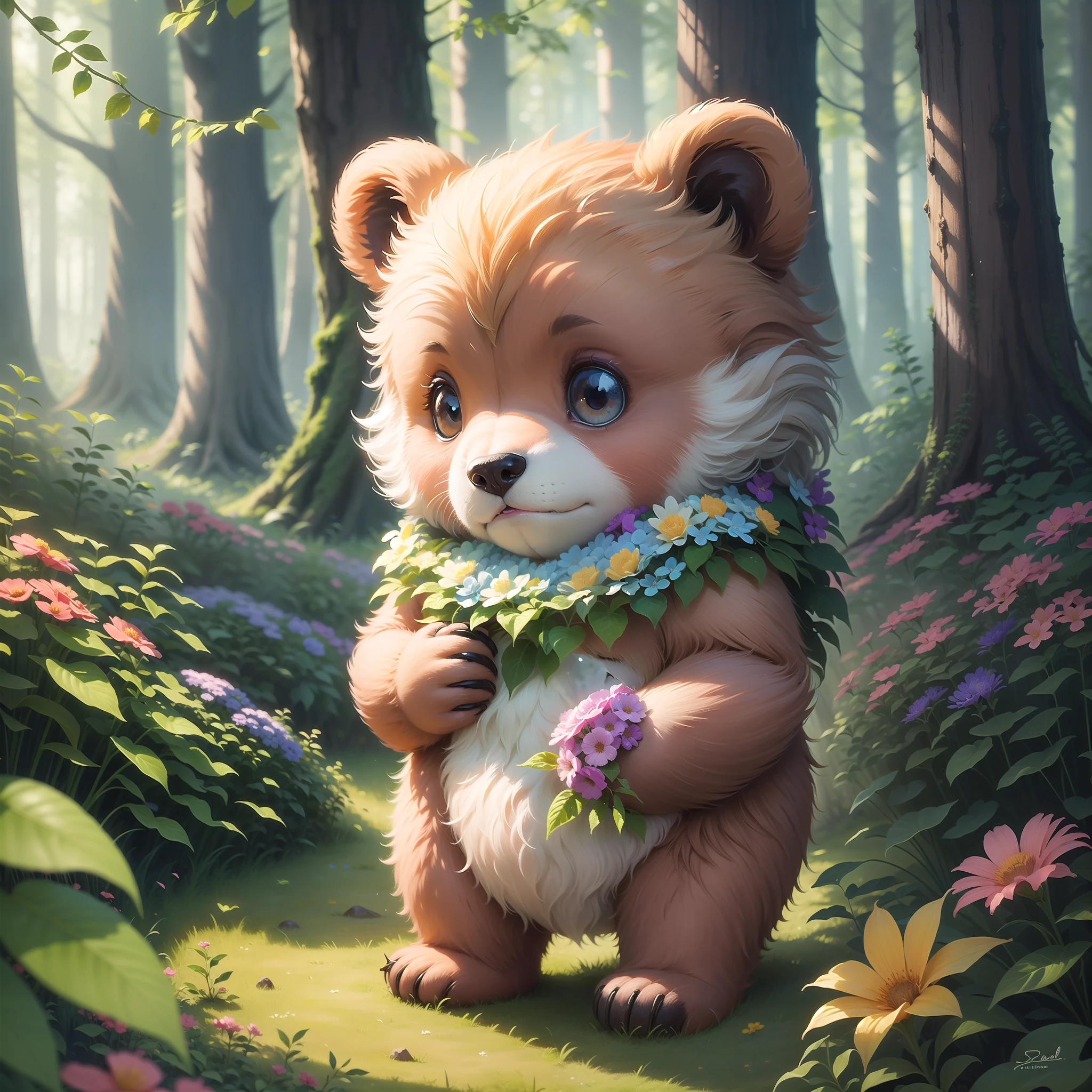 a small, cuddly bear who lived in the Enchanted Forest, surrounded by tall trees and colorful flowers. --auto --s2