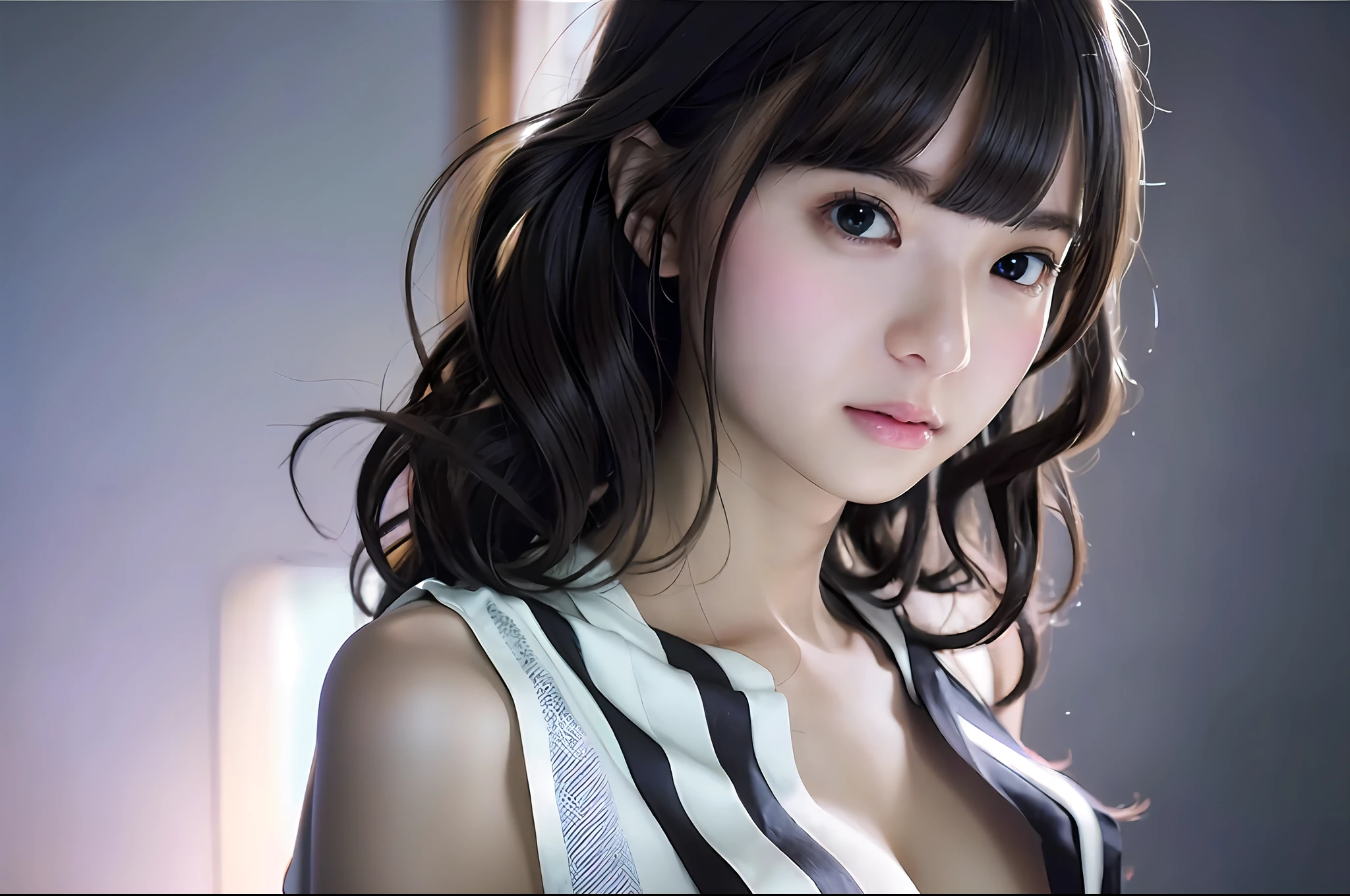 Random Posture, mix4, (8k, RAW photo, top quality, masterpiece: 1.2), (realistic, photorealistic: 1.37), one girl, cute, full face, professional lighting, photon mapping, physical based rendering, shirt with buttons, no bra,, full body image, gradient black hair, short curly hair, handsome, girl, quality photo, High Resolution, 1080p, (Clear Face), (Detailed Facial Description), (Detailed Hand Description), (Masterpiece), (Elaborate CG), Extreme Light and Shadow, Tousled Hair, Master Work, Rich Details, (Fine Facial Features), (Top Quality Photos), (Masterpiece), (Detailed Eyes), Look Before You Eyes, Fine Clavicle